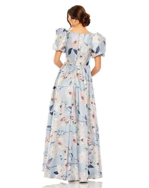 Robe florale haute et basse en brocart à manches bouffantes | Échantillon | Taille. 2