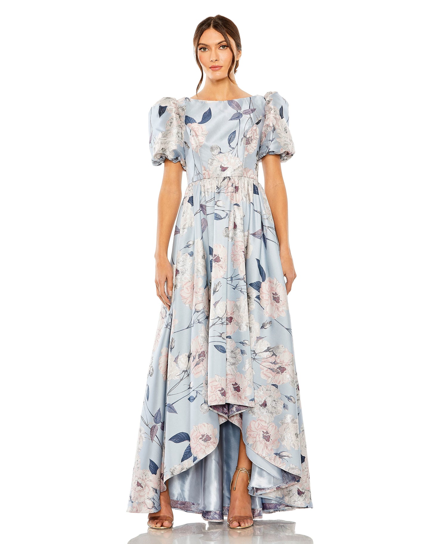 Robe florale haute et basse en brocart à manches bouffantes | Échantillon | Taille. 2