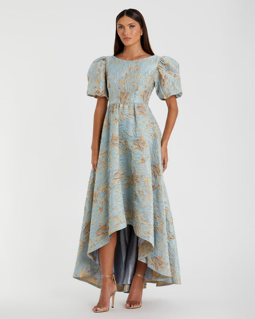 Brocade Puff Sleeve High Low Gown