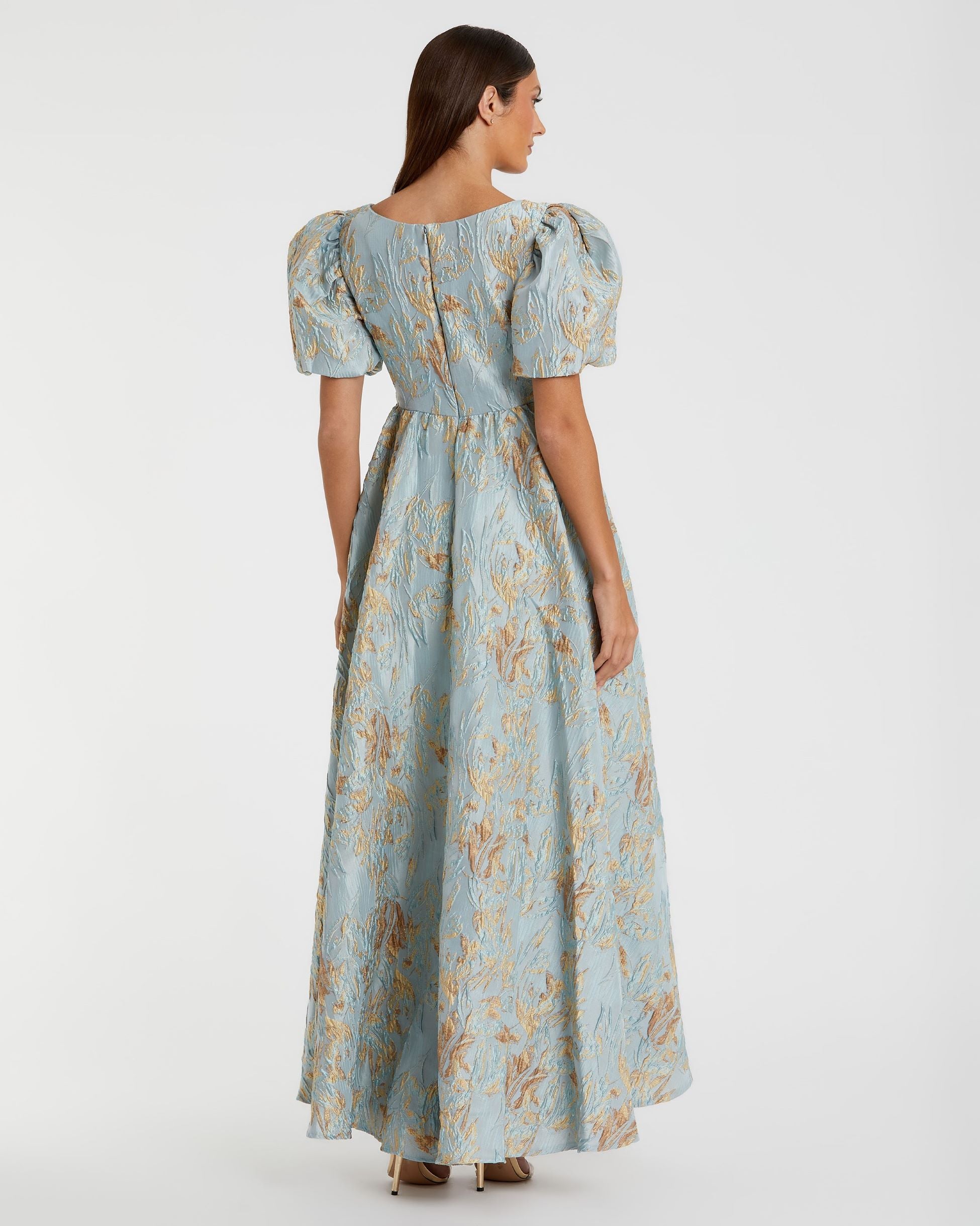 Brocade Puff Sleeve High Low Gown