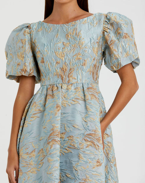 Brocade Puff Sleeve High Low Gown