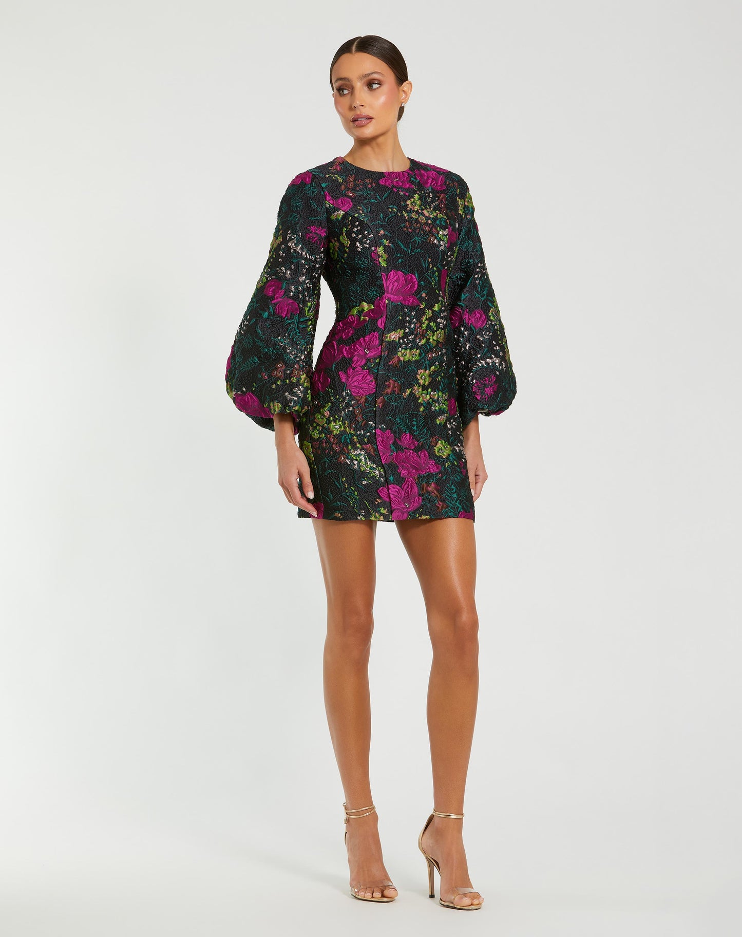 Black Floral Brocade Puff Sleeve Fitted Mini Dress - Mac Duggal
