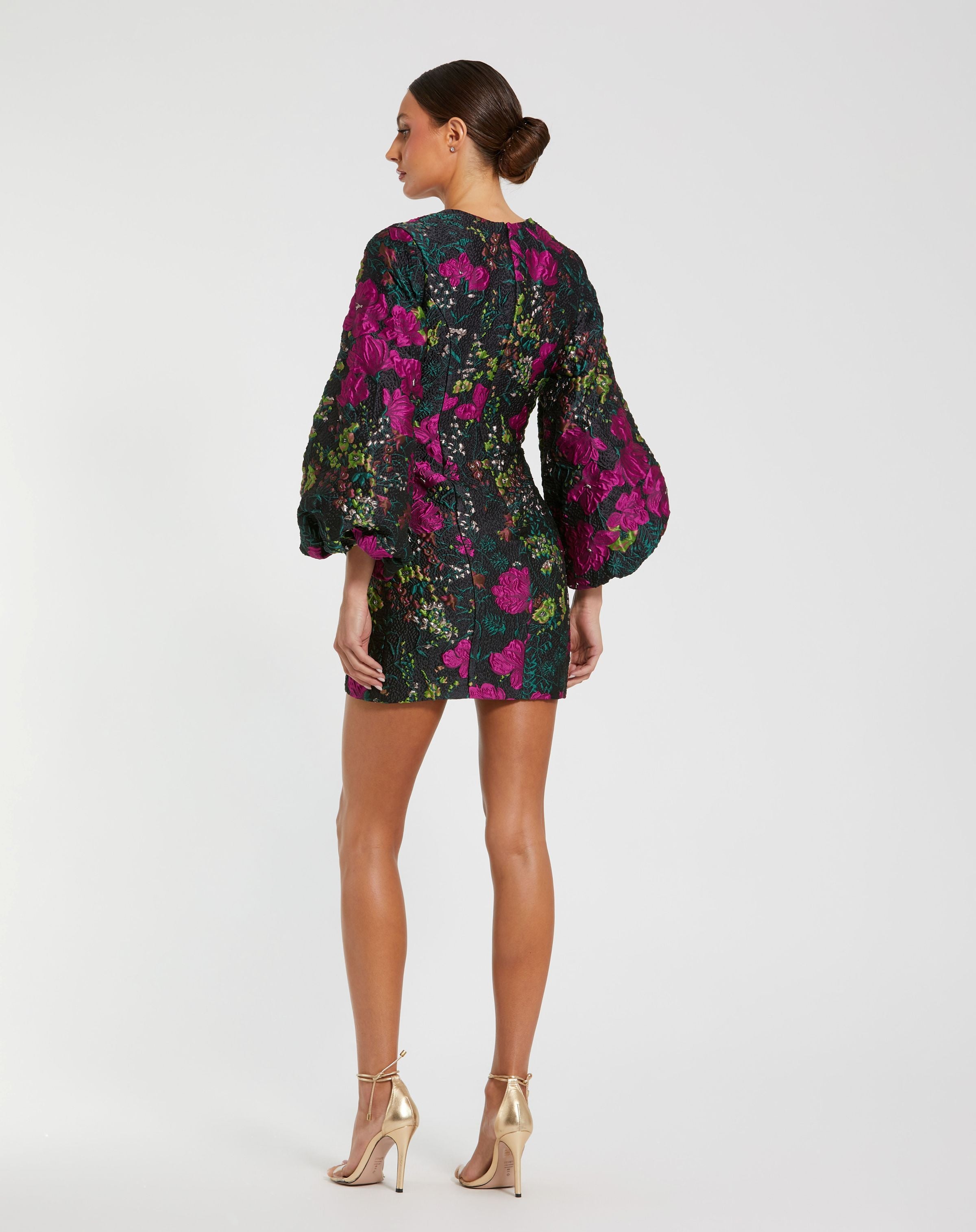 Multicolor Floral Brocade Puff Sleeve Fitted Mini Dress