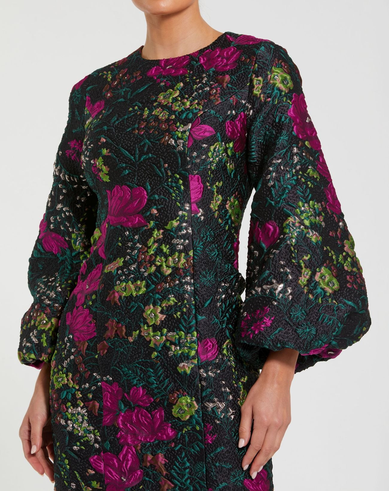 Black Floral Brocade Puff Sleeve Fitted Mini Dress - Mac Duggal
