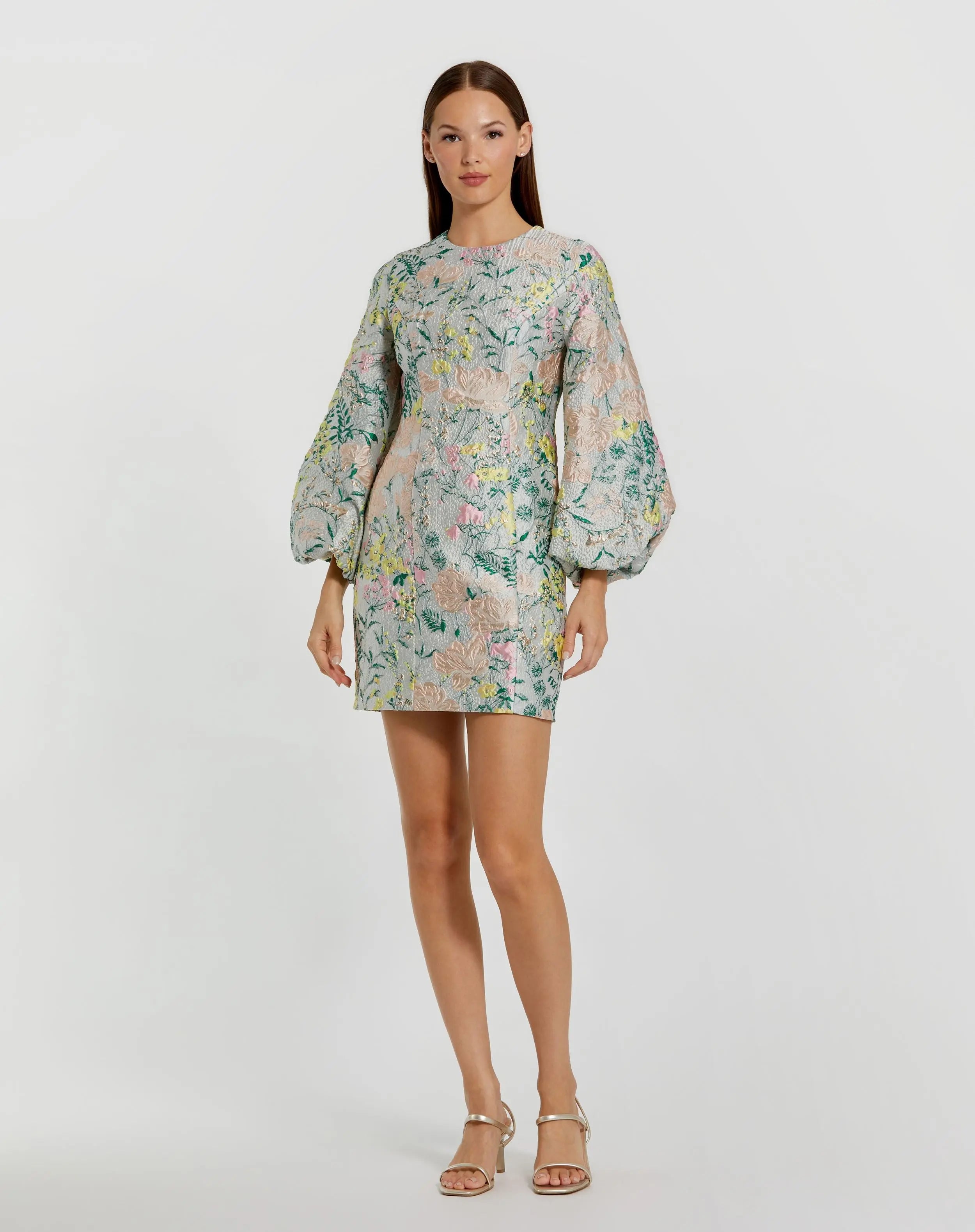 Multicolor Floral Brocade Puff Sleeve Fitted Mini Dress - Mac Duggal