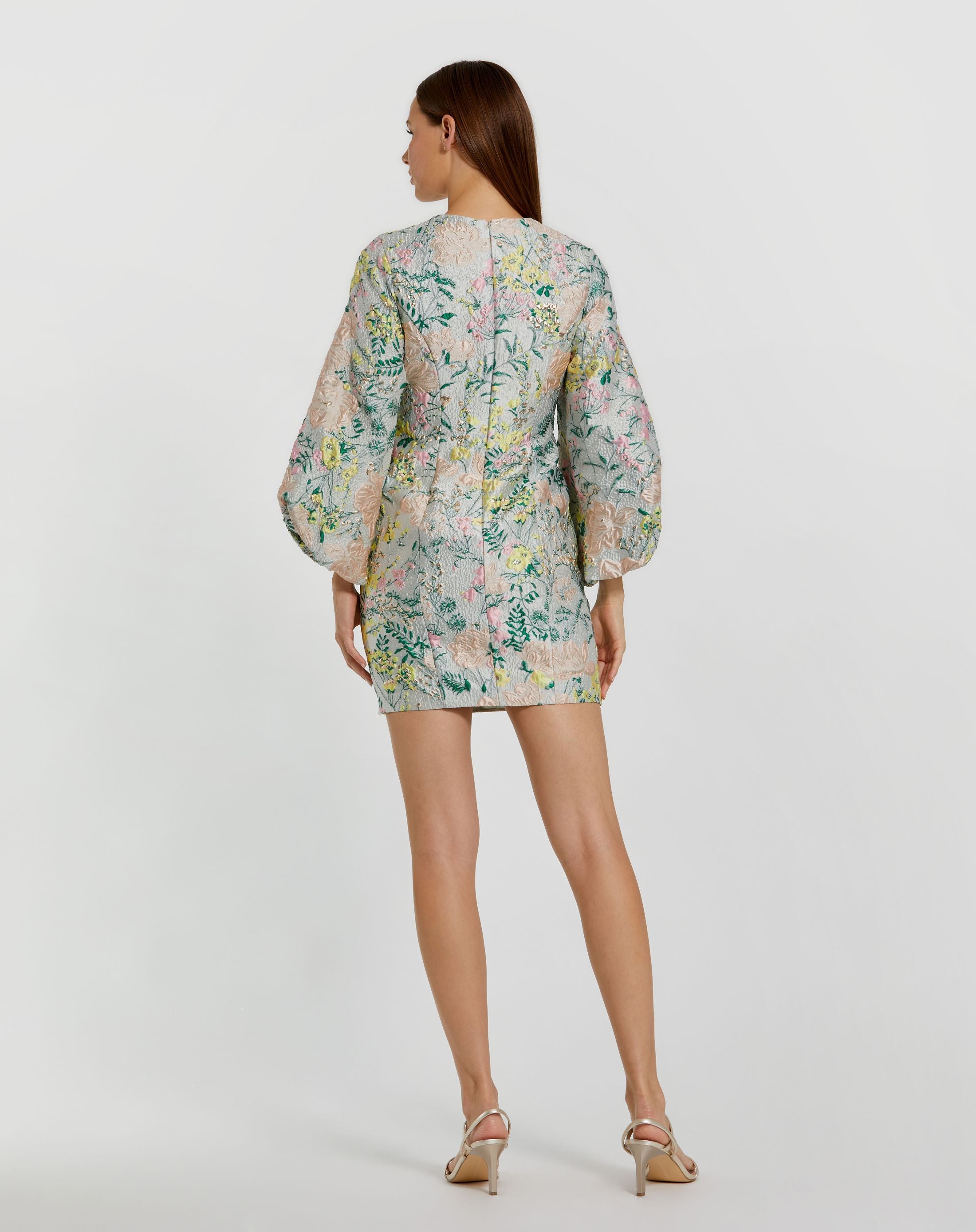 Floral Brocade Puff Sleeve Fitted Mini Dress