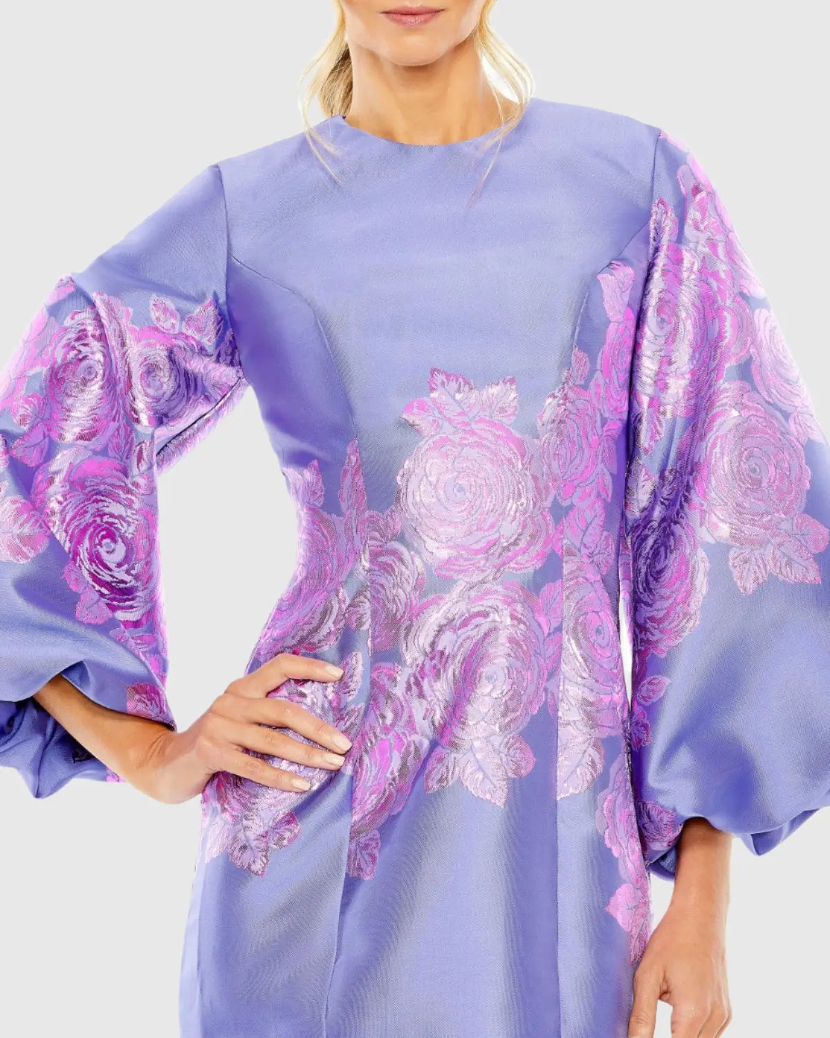 Mac Duggal Brocade Balloon Sleeve Mini Dress - Plum Multi Mac Duggal Brocade Balloon Sleeve Mini Dress - Plum Multi