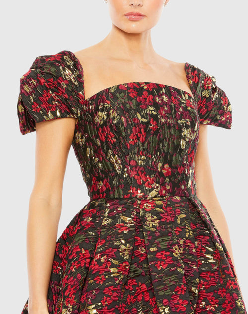 Floral Brocade Cap Sleeve A Line Dress