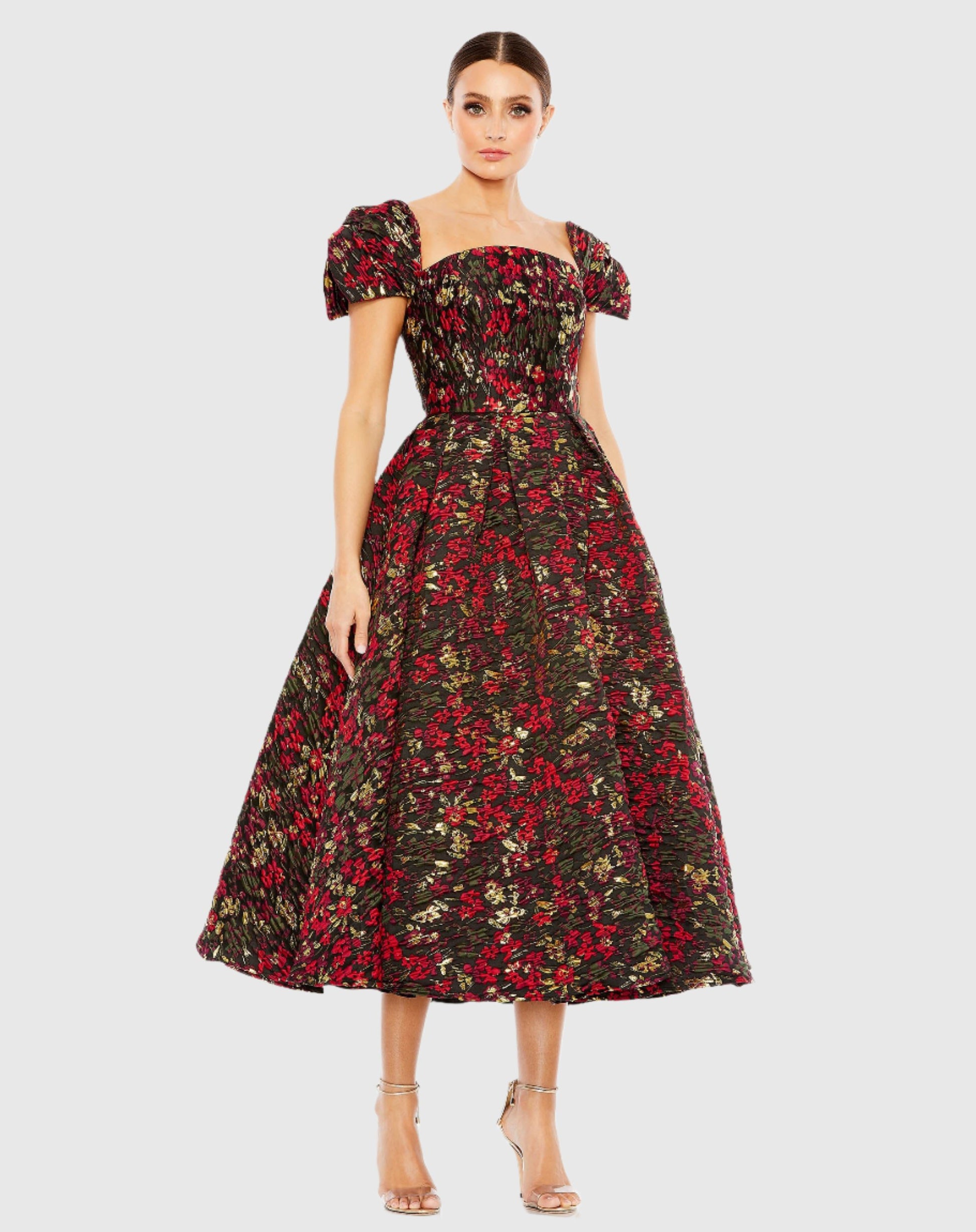 Floral Brocade Cap Sleeve A Line Dress