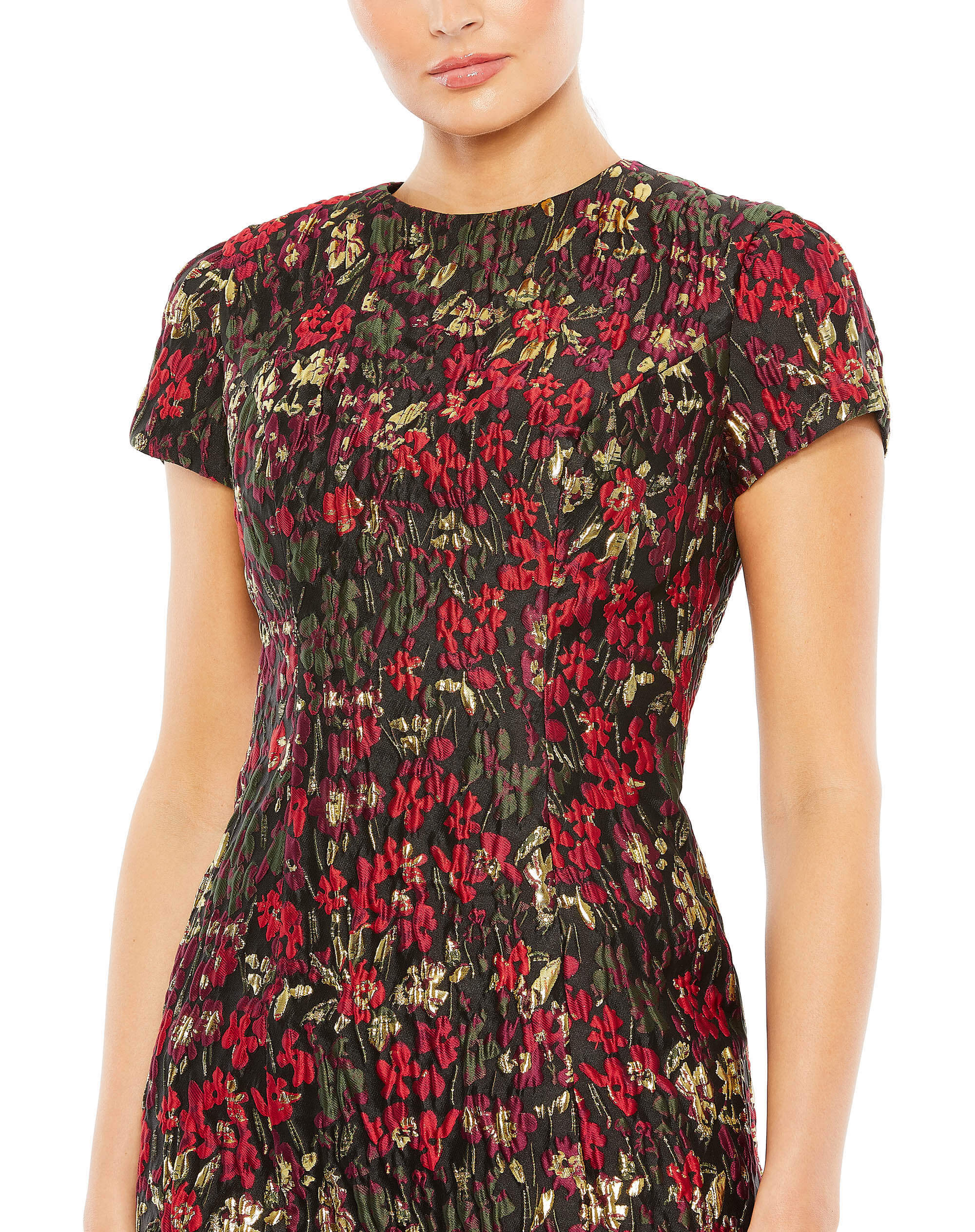 Floral Brocade Cap Sleeve Fitted Dress