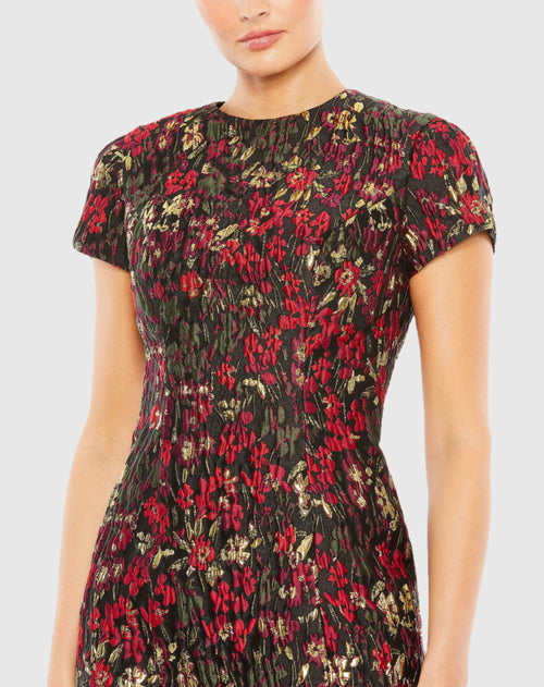 Floral Brocade Cap Sleeve Fitted Dress