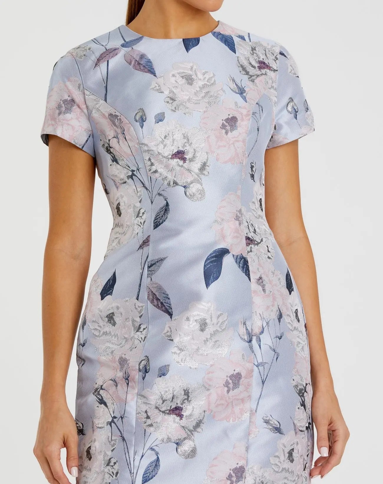 Blue Short Sleeve Fitted Floral Mini Dress - Mac Duggal Blue Multi / US 4 Blue Short Sleeve Fitted Floral Mini Dress - Mac Duggal Blue Multi / US 4