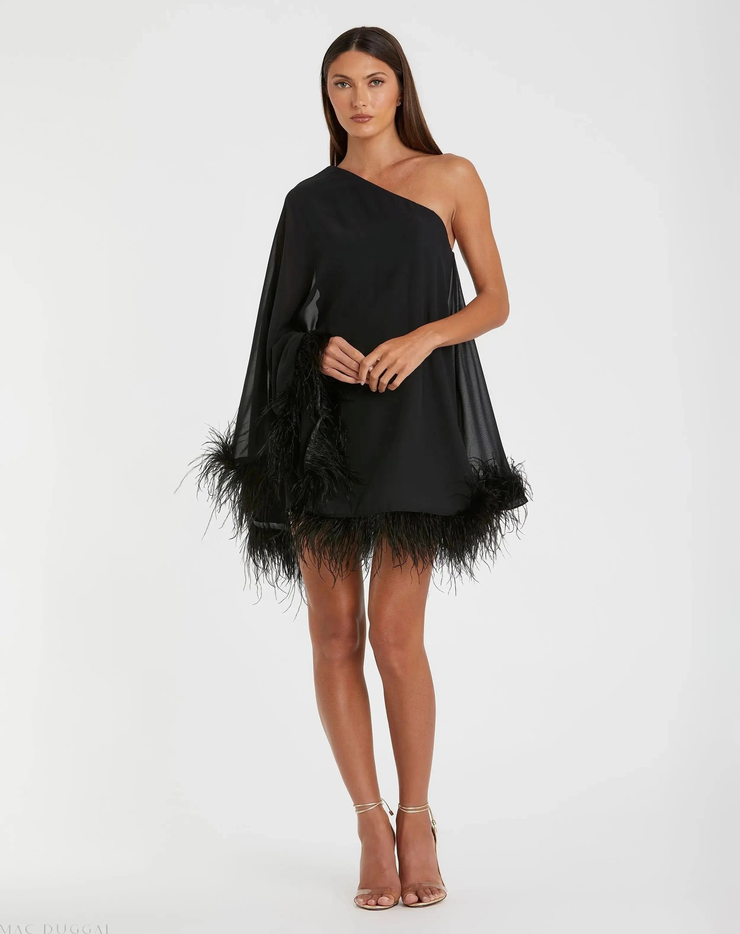 Black One Shoulder Trapeze Dress with Feather Trim - Ieena for Mac Duggal