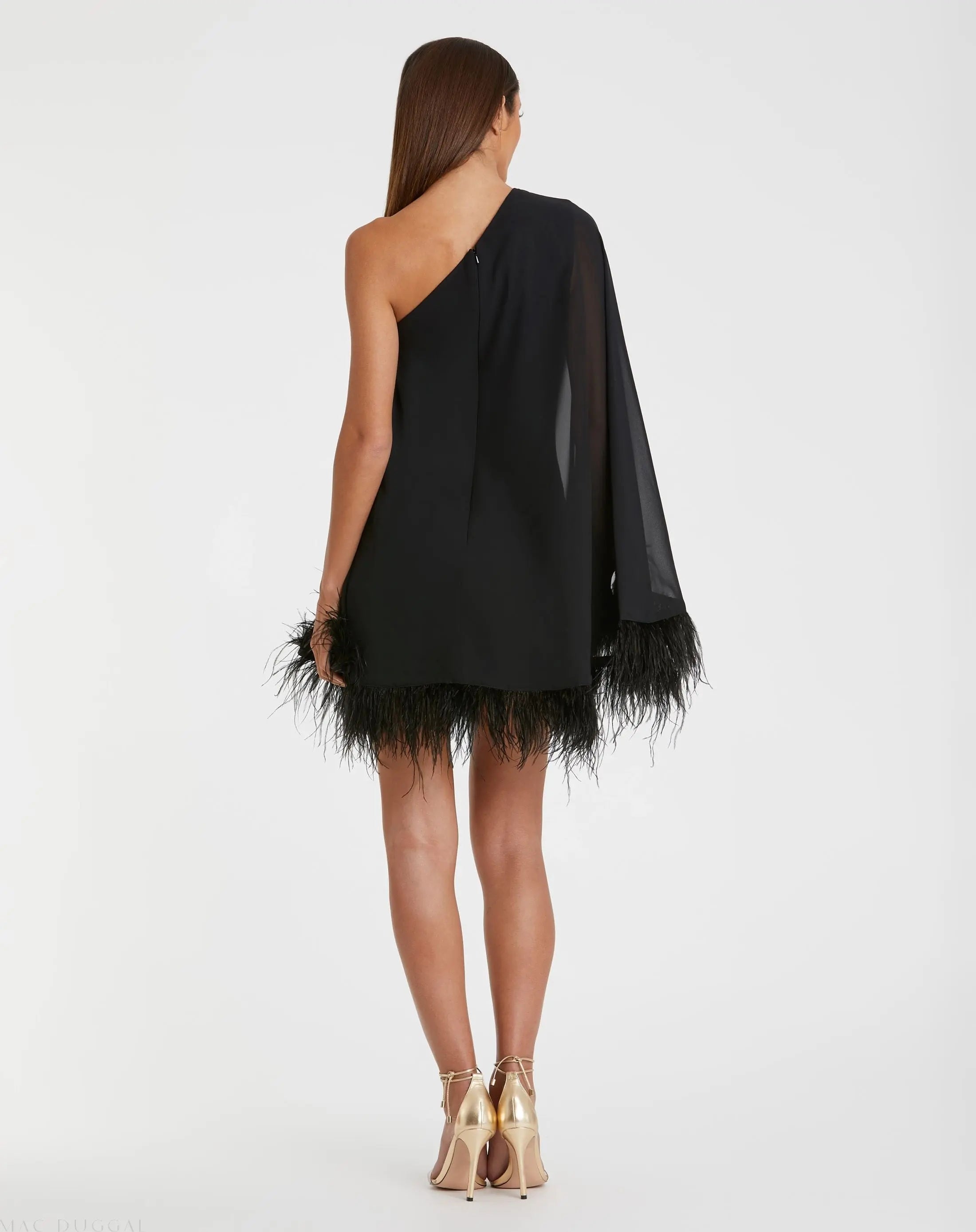 Black One Shoulder Trapeze Dress with Feather Trim - Ieena for Mac Duggal