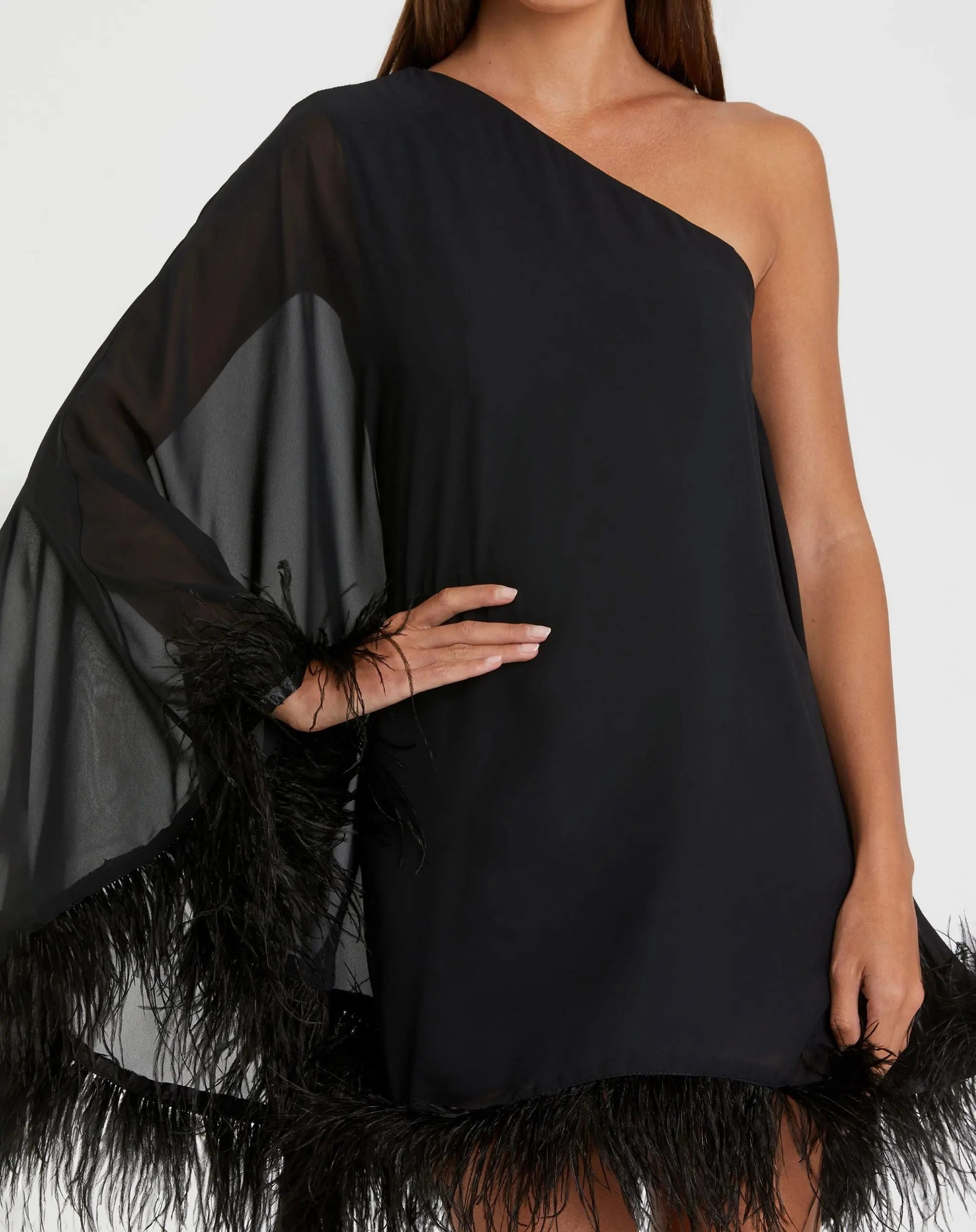 Black One Shoulder Trapeze Dress with Feather Trim - Ieena for Mac Duggal