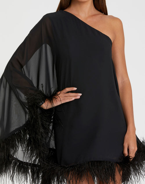 One Shoulder Trapeze Dress with Feather Trim