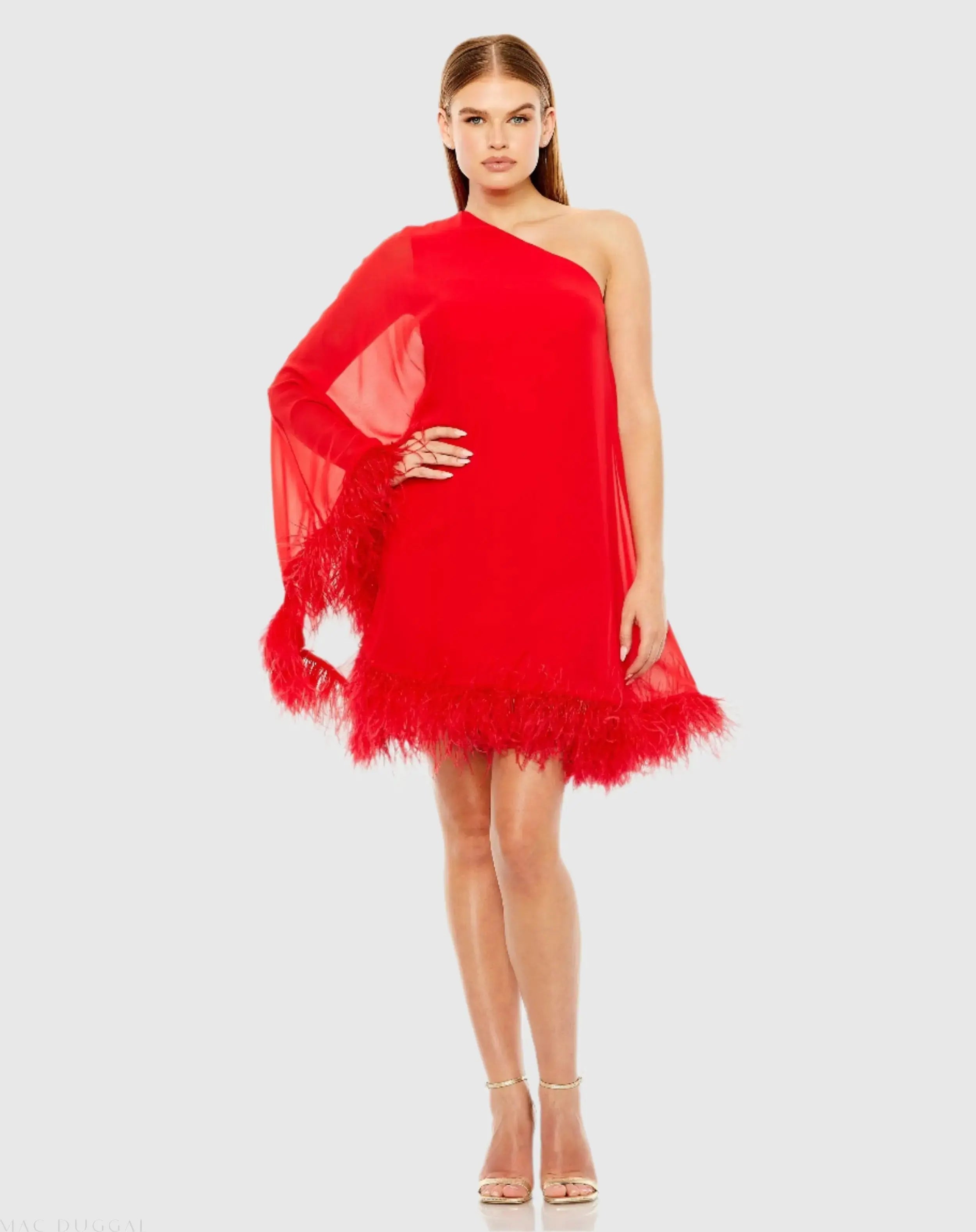 Red One Shoulder Trapeze Dress with Feather Trim - Ieena for Mac Duggal