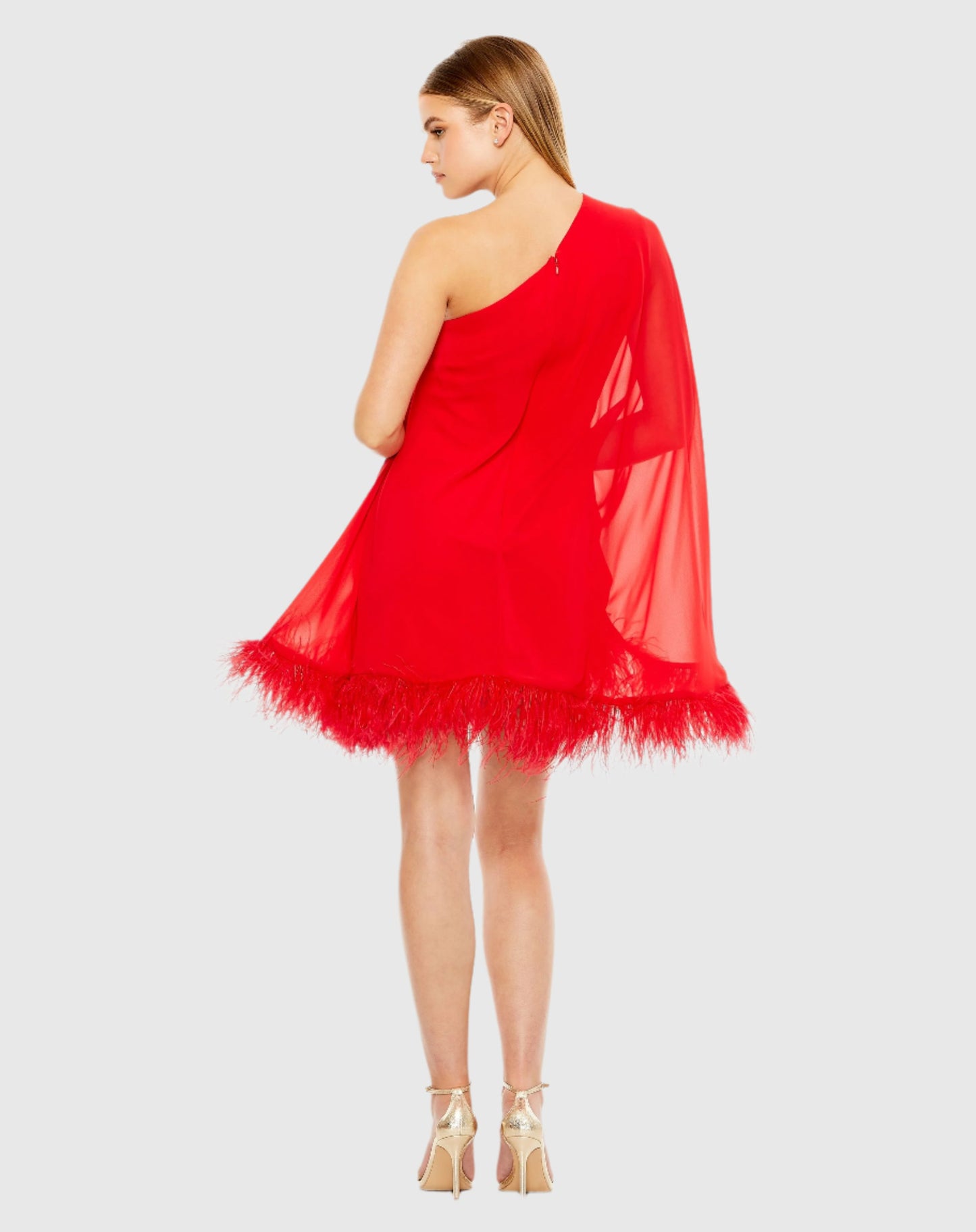 One Shoulder Trapeze Dress with Feather Trim