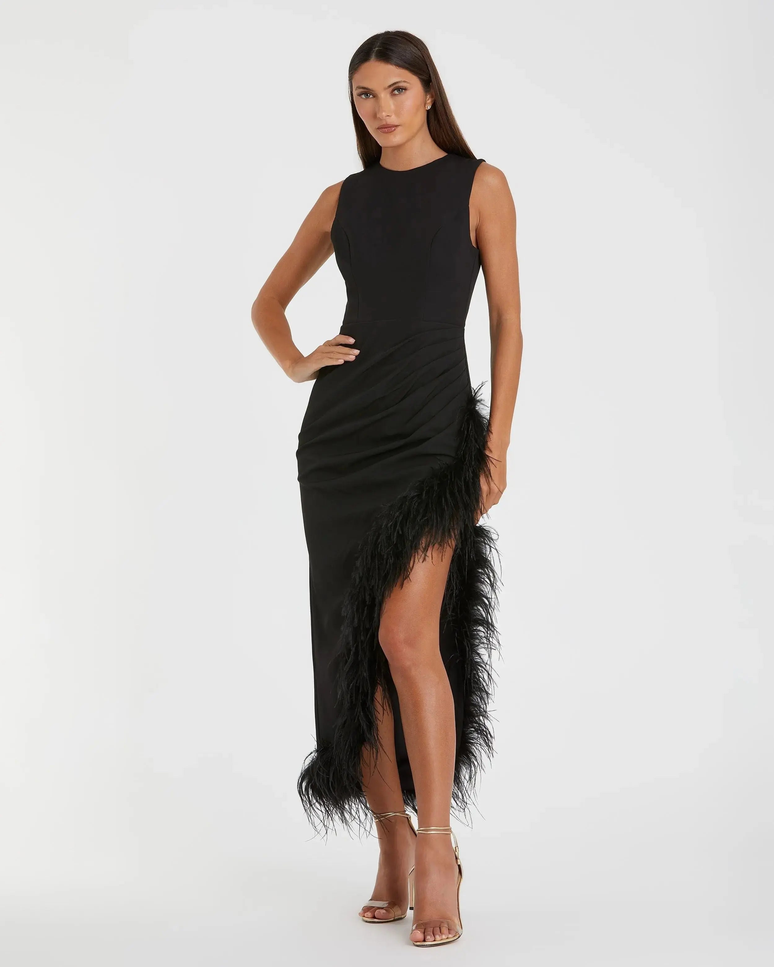 Black Ruched High-Low Column Dress with Feather Trim - Ieena for Mac Duggal