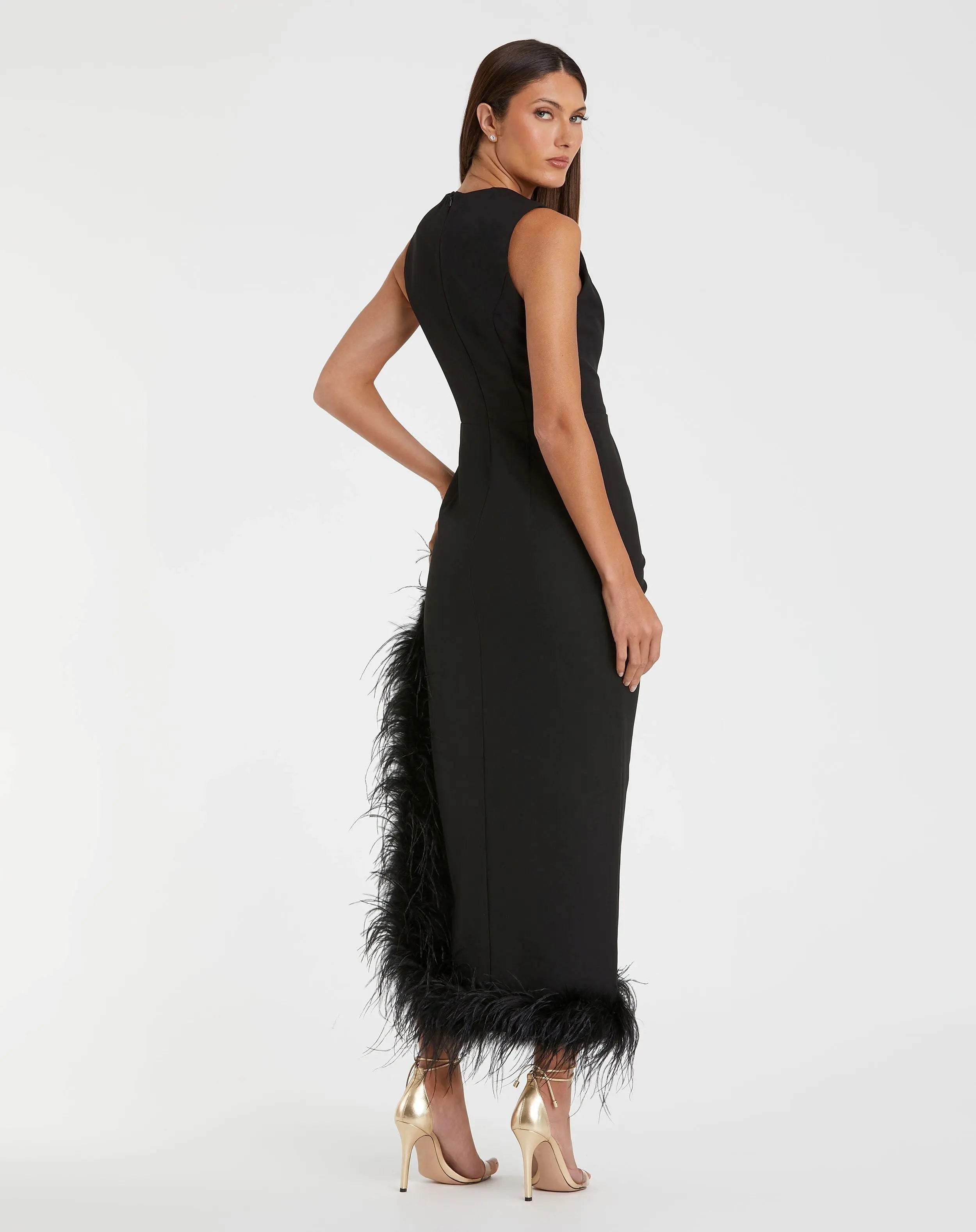 Black Ruched High-Low Column Dress with Feather Trim - Ieena for Mac Duggal