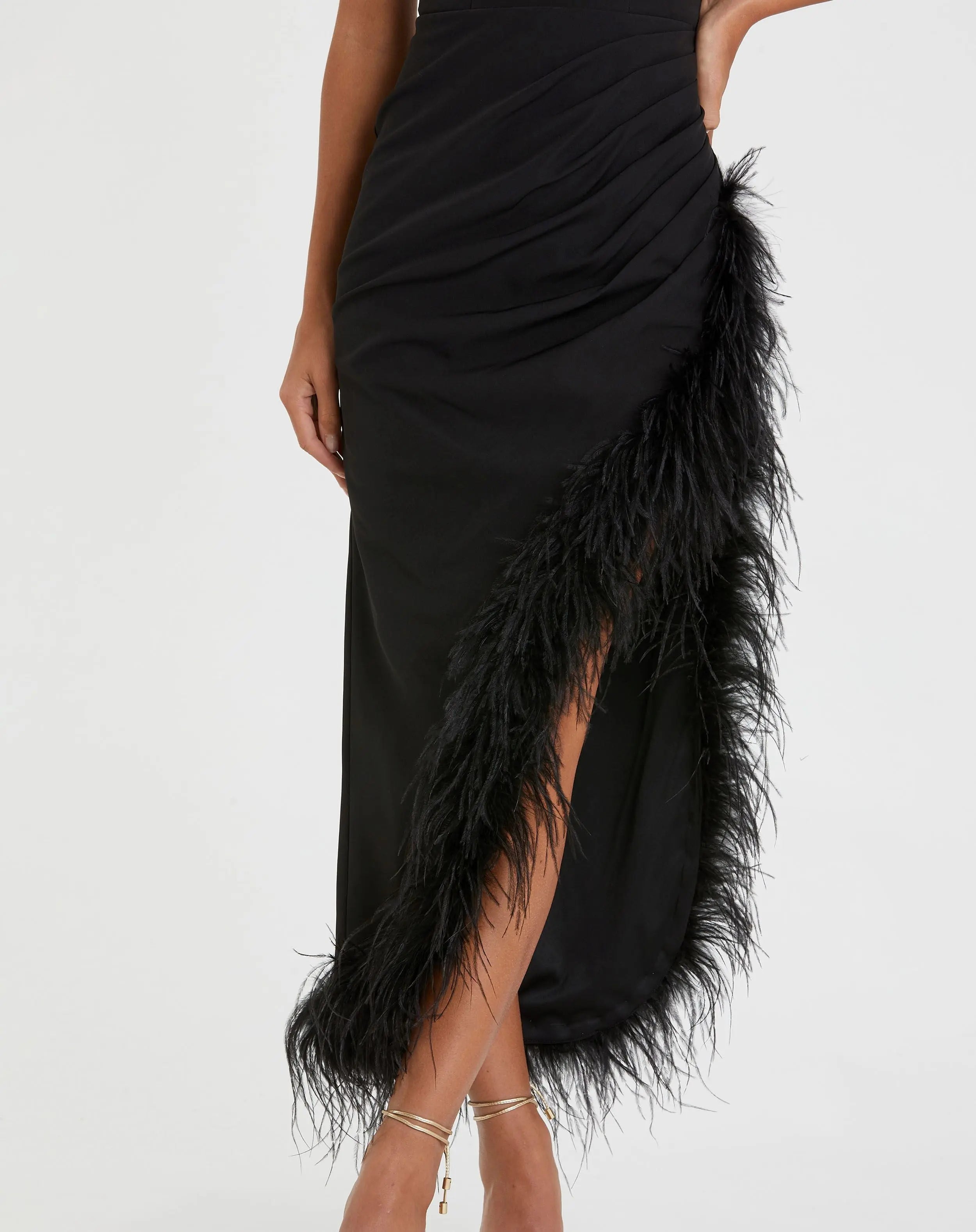Black Ruched High-Low Column Dress with Feather Trim - Ieena for Mac Duggal