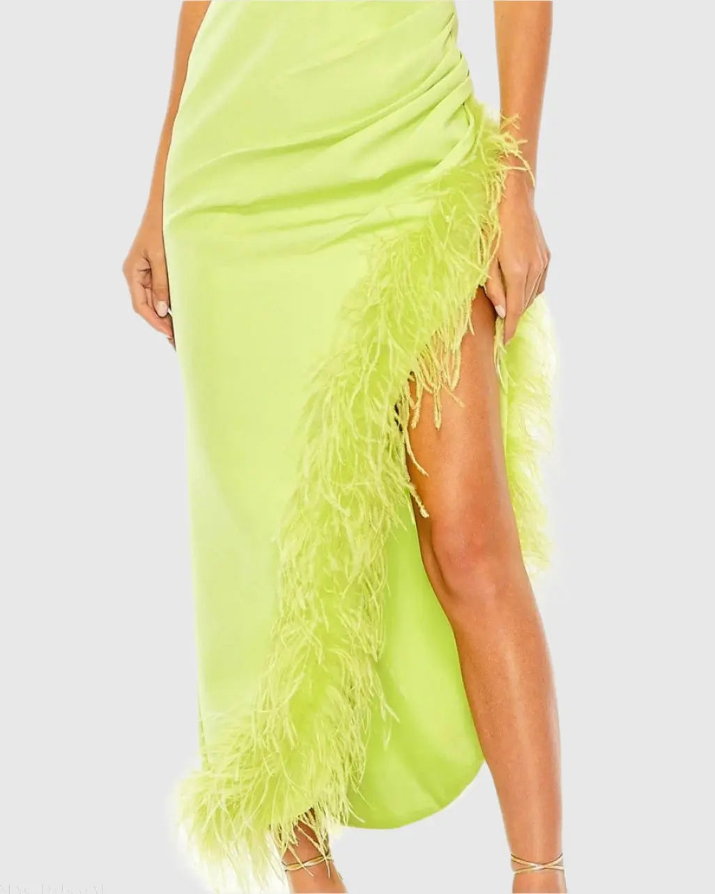 Green Ruched High-Low Column Dress with Feather Trim - Ieena for Mac Duggal