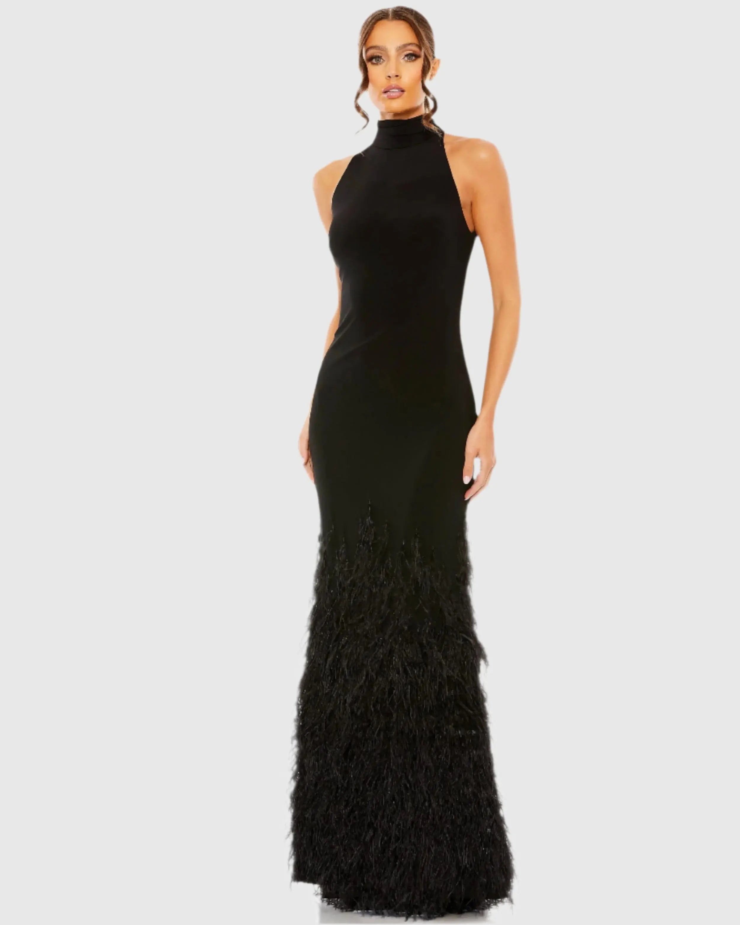 Black Jersey Halter Gown with Feather Tiered Detail - Ieena for Mac Duggal