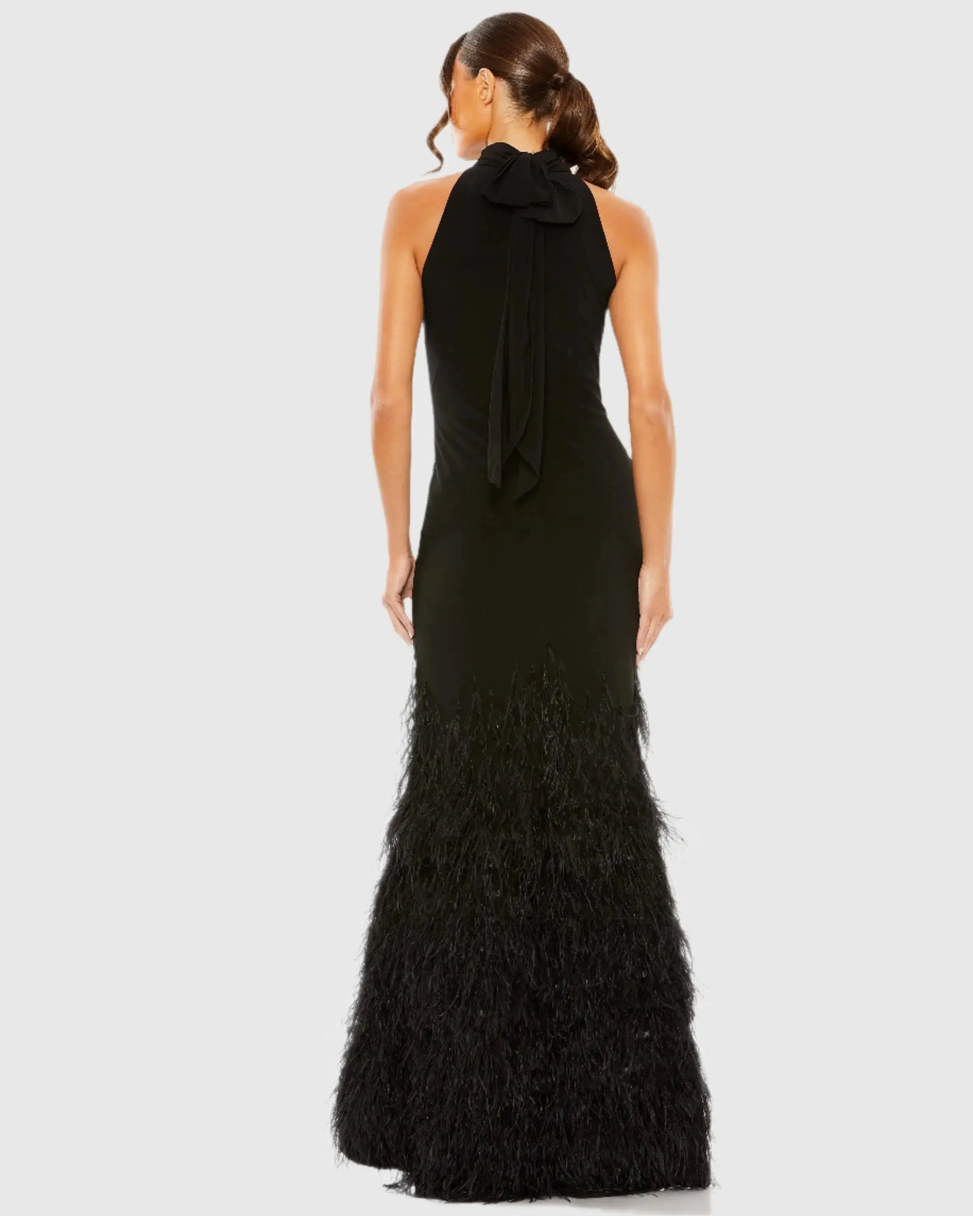 Black Halter Neck Jersey Gown With Feather Trim | Mac Duggal Black Halter Neck Jersey Gown With Feather Trim | Mac Duggal