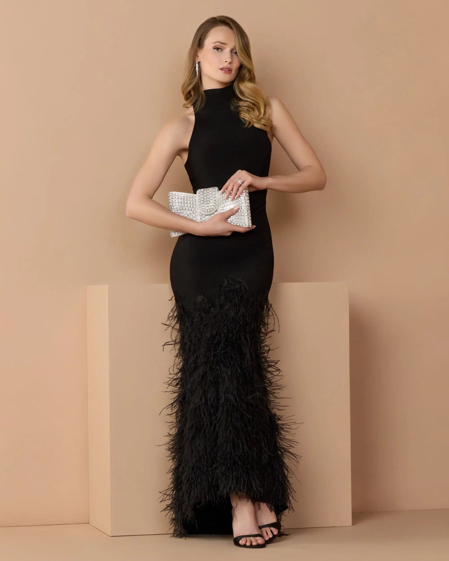 Black Halter Neck Jersey Gown With Feather Trim - Mac Duggal