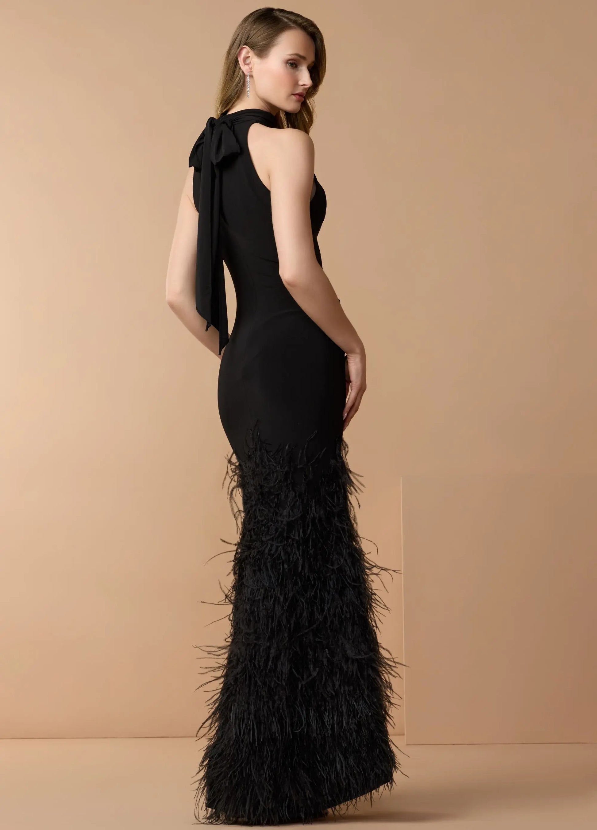 Black Halter Neck Jersey Gown With Feather Trim - Mac Duggal