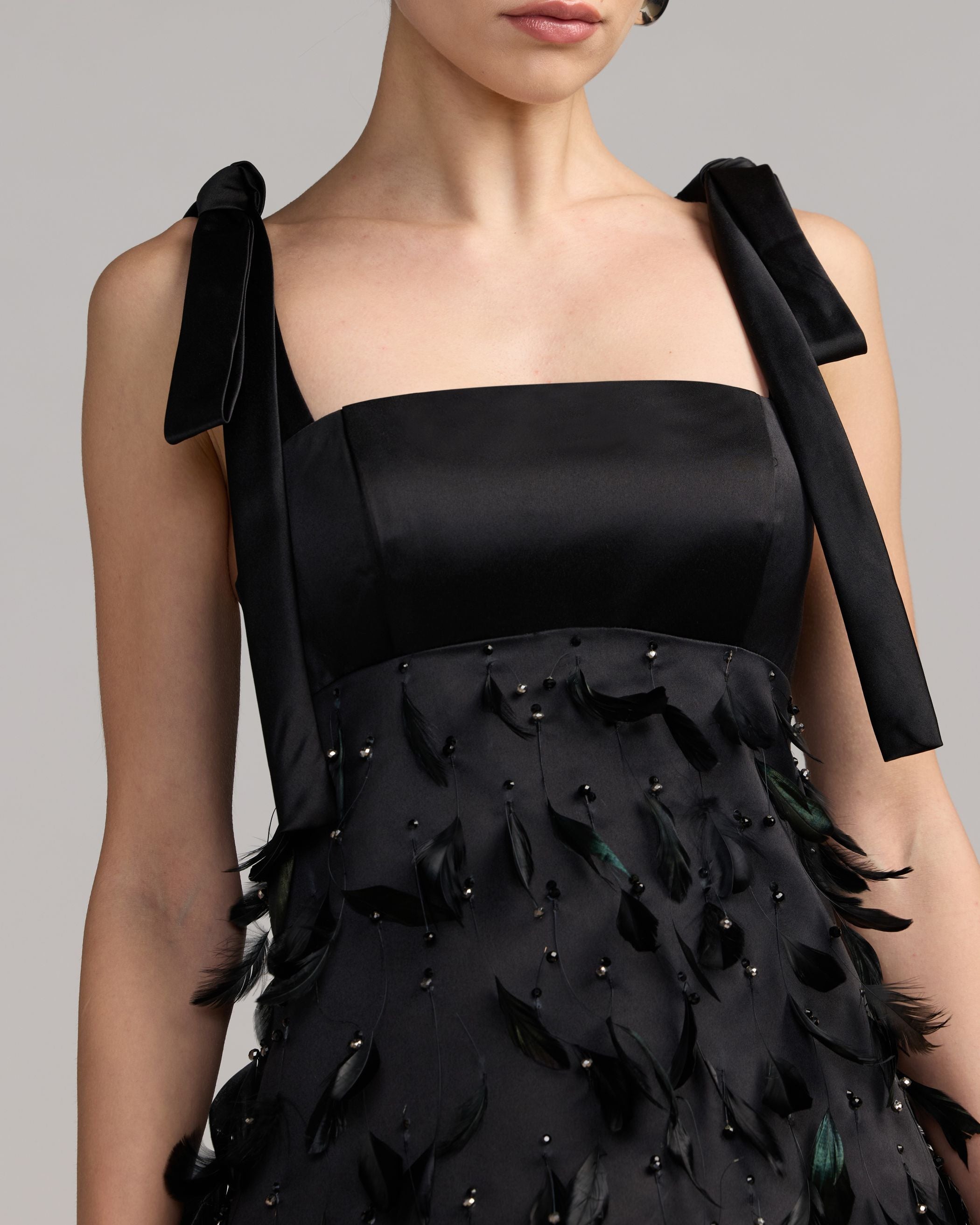 Black Feather Embellished Bow Mini Dress Mac Duggal