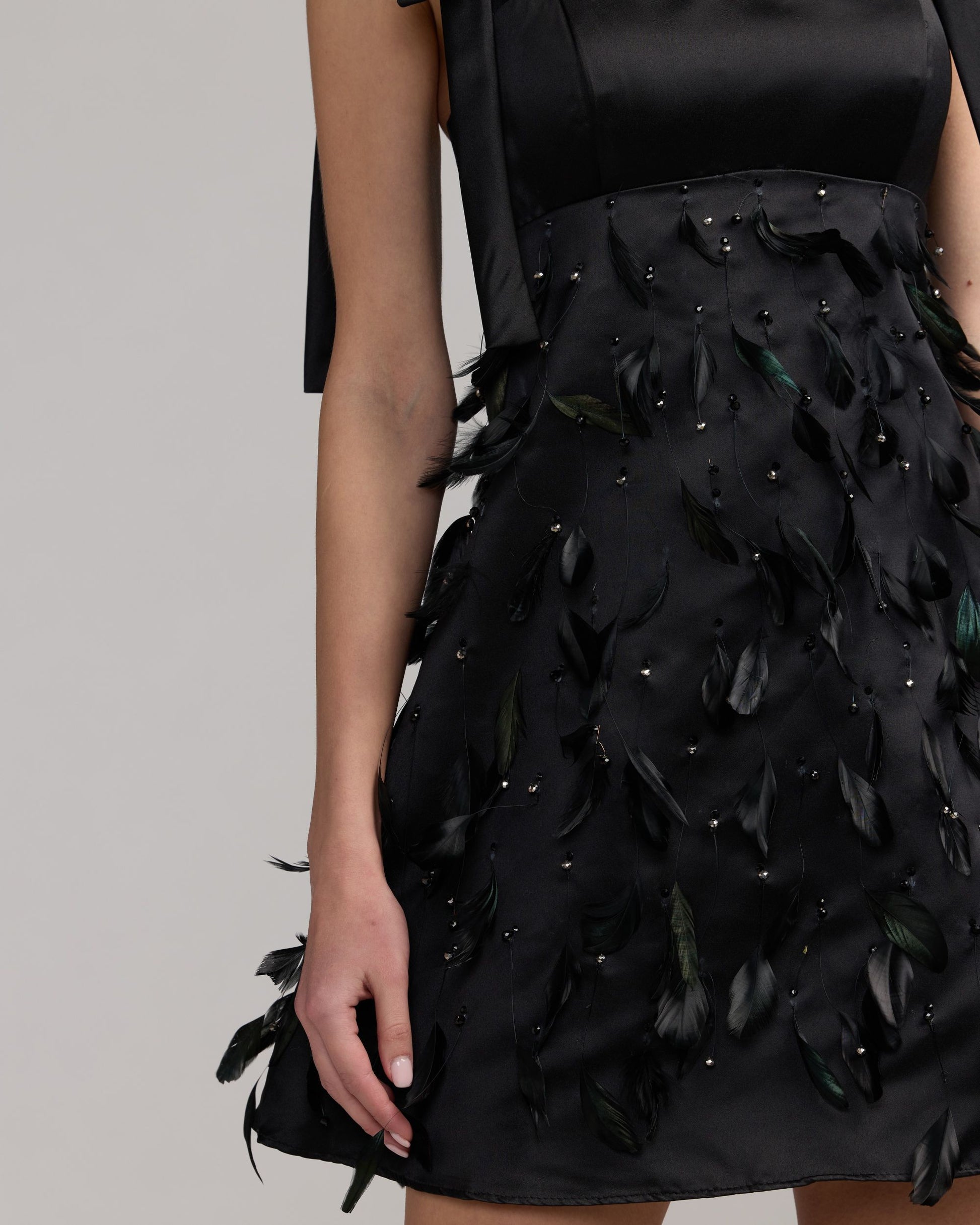 Black Feather Embellished Bow Mini Dress Mac Duggal
