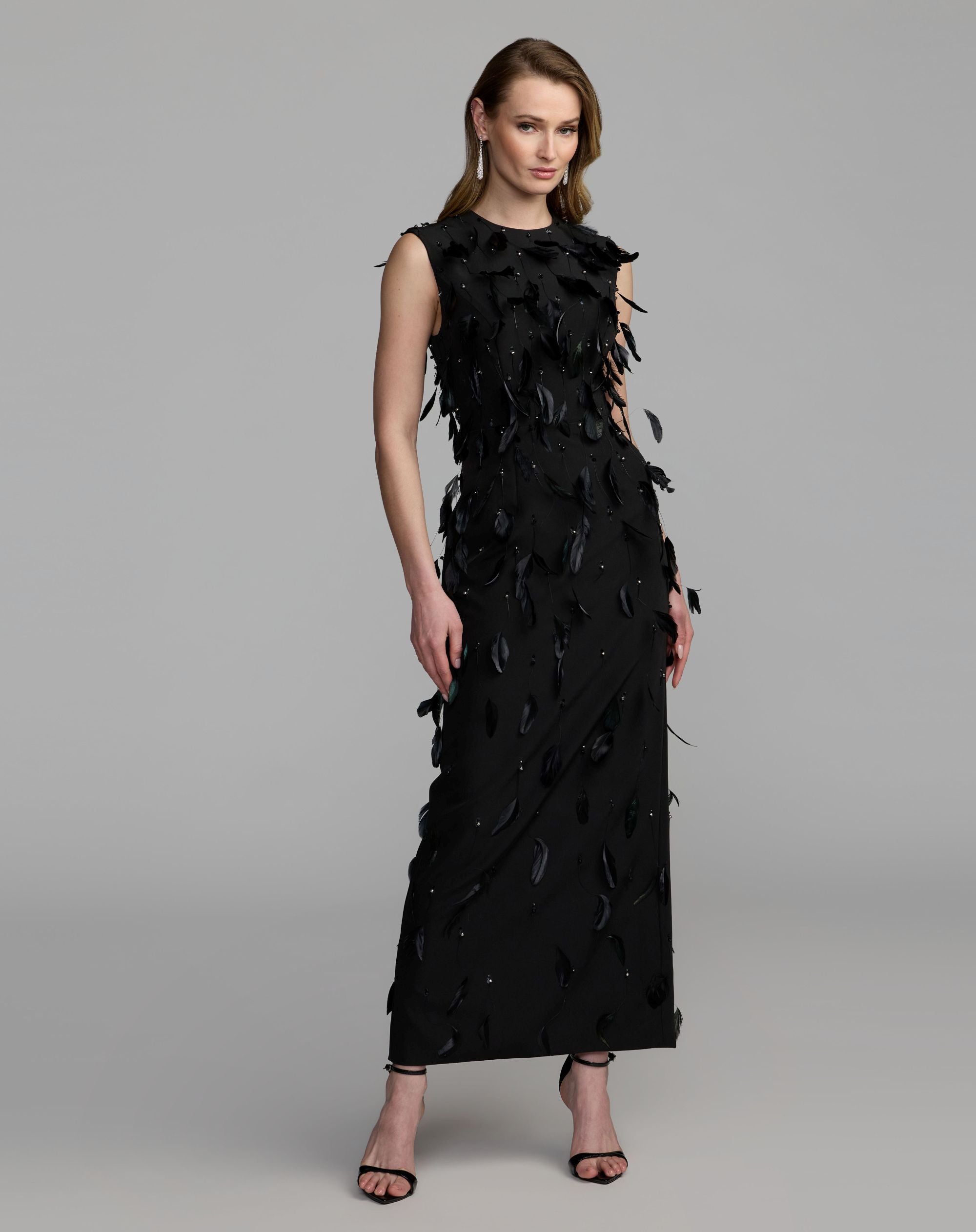Black High Neck Sleeveless Feather Embellished Dress - Mac Duggal