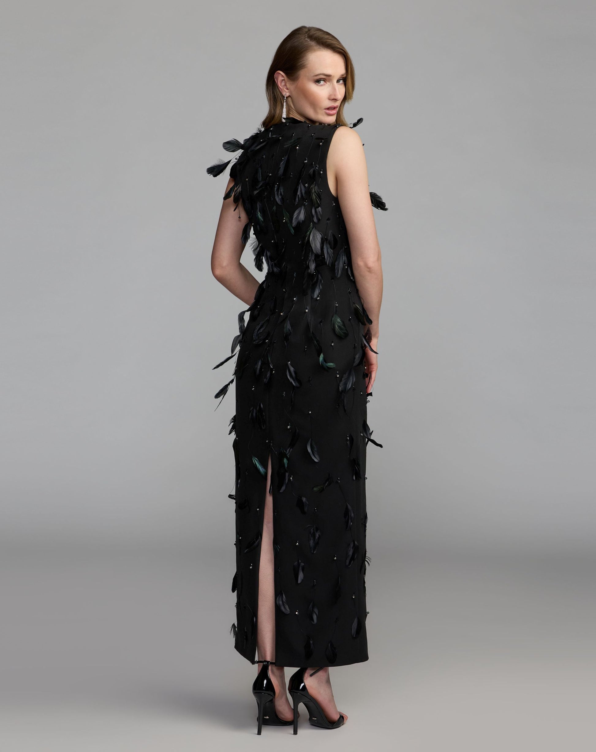 Black High Neck Sleeveless Feather Embellished Dress - Mac Duggal