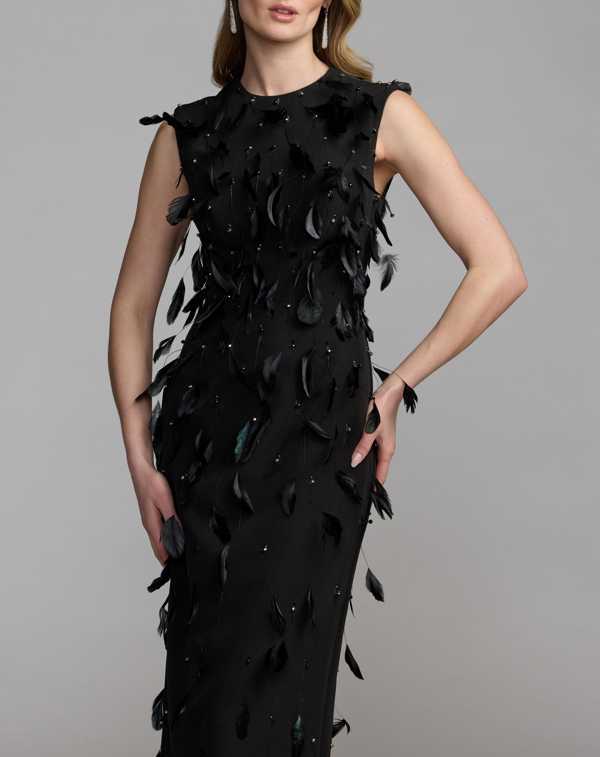 Black High Neck Sleeveless Feather Embellished Dress - Mac Duggal