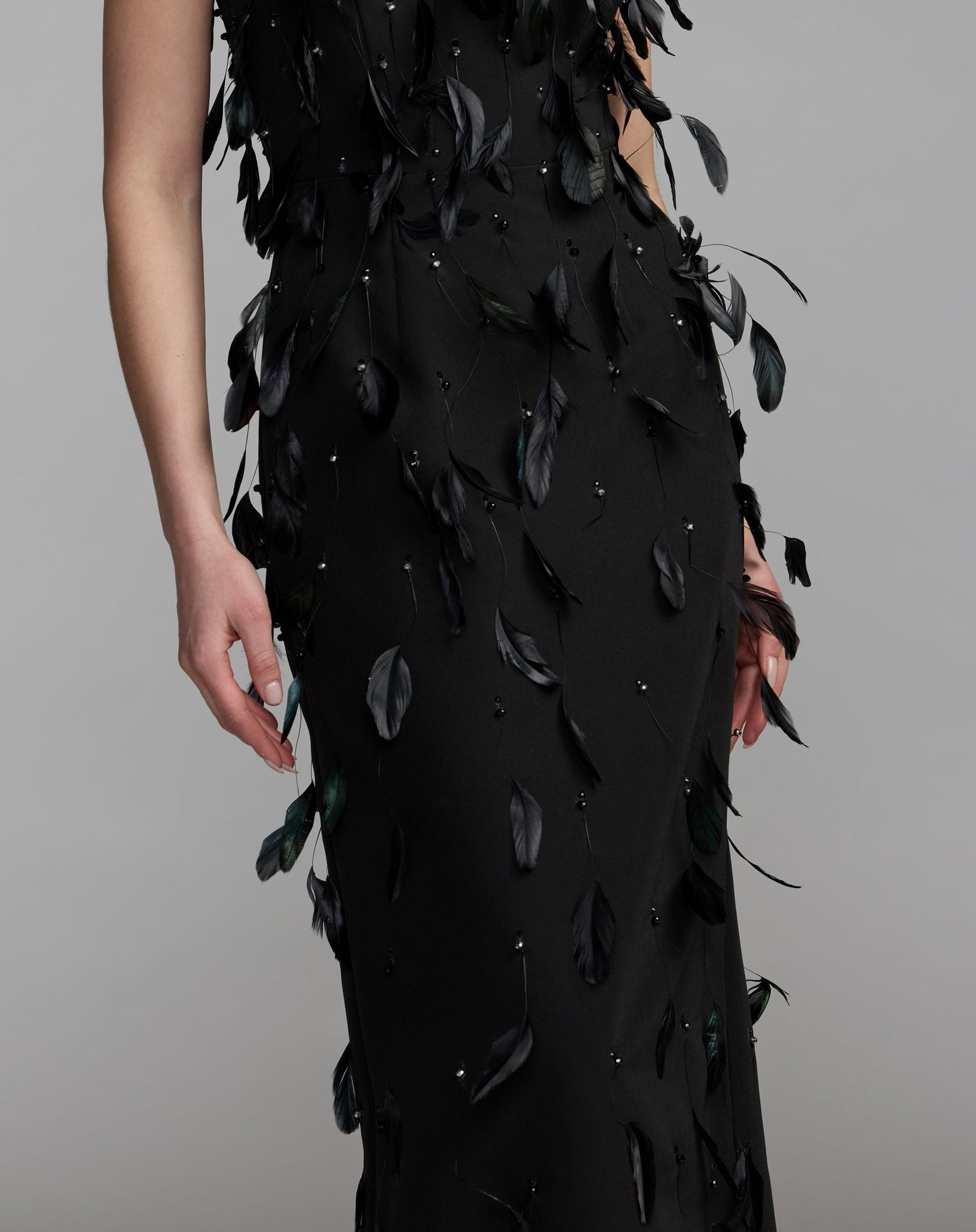 Black High Neck Sleeveless Feather Embellished Dress - Mac Duggal