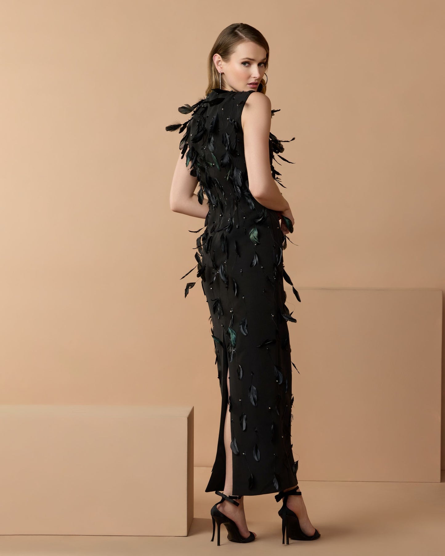 Black High Neck Sleeveless Feather Embellished Dress - Mac Duggal