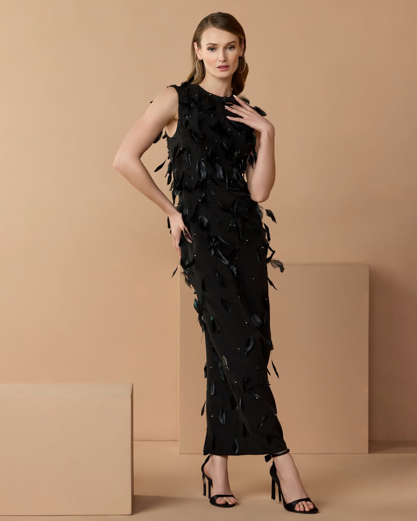 Black High Neck Sleeveless Feather Embellished Dress - Mac Duggal