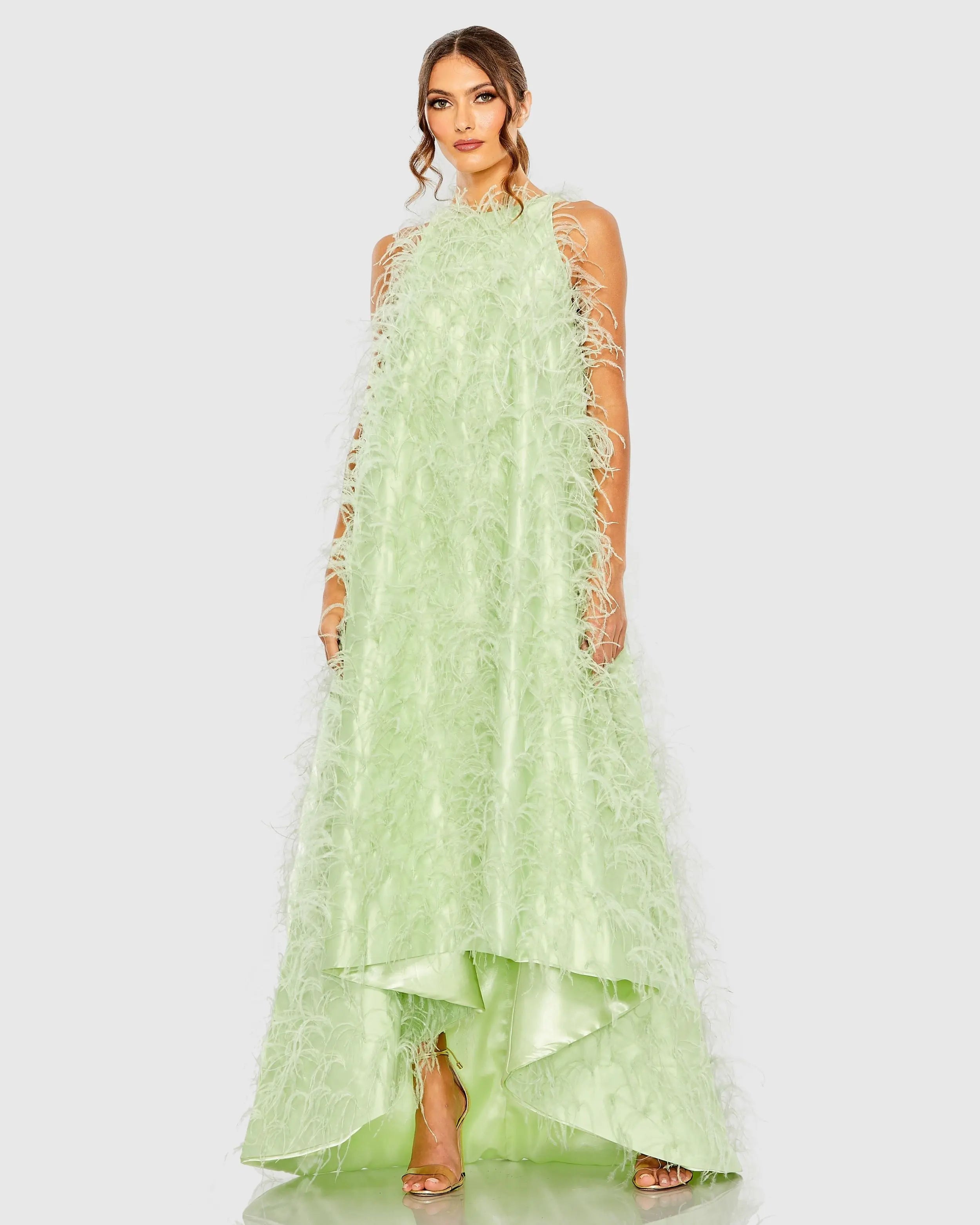 Green Sleeveless Feather Embellished Trapeze Gown Mac Duggal
