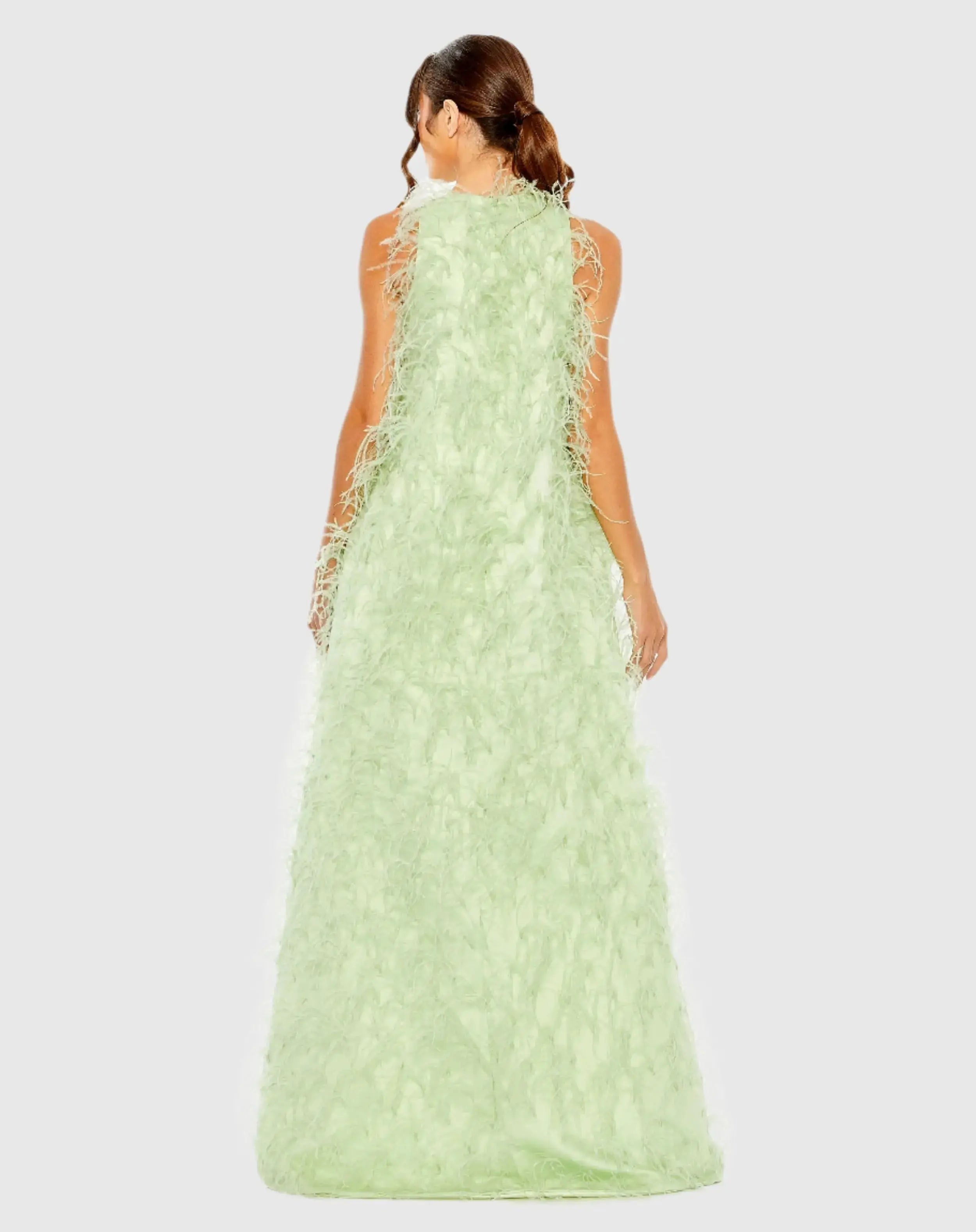 Green Sleeveless Feather Embellished Trapeze Gown - Mac Duggal