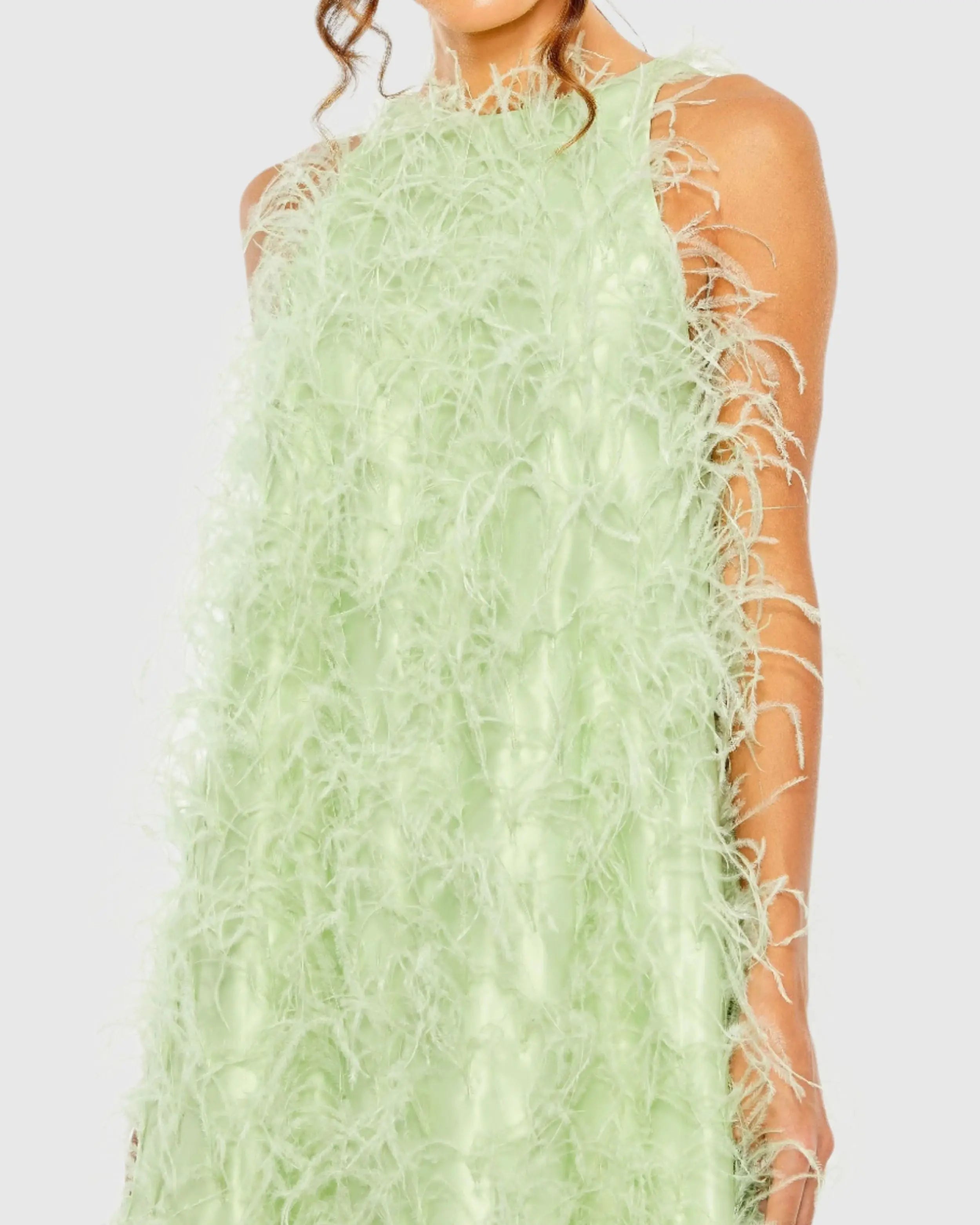 Green Sleeveless Feather Embellished Trapeze Gown - Mac Duggal