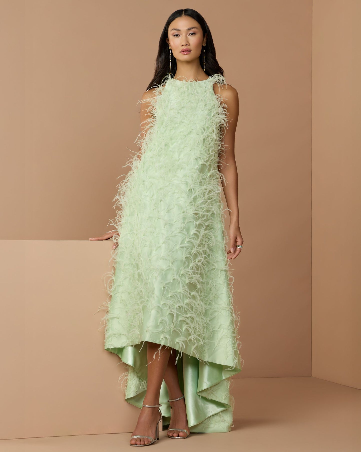 Green Sleeveless Feather Embellished High Low Gown Mac Duggal