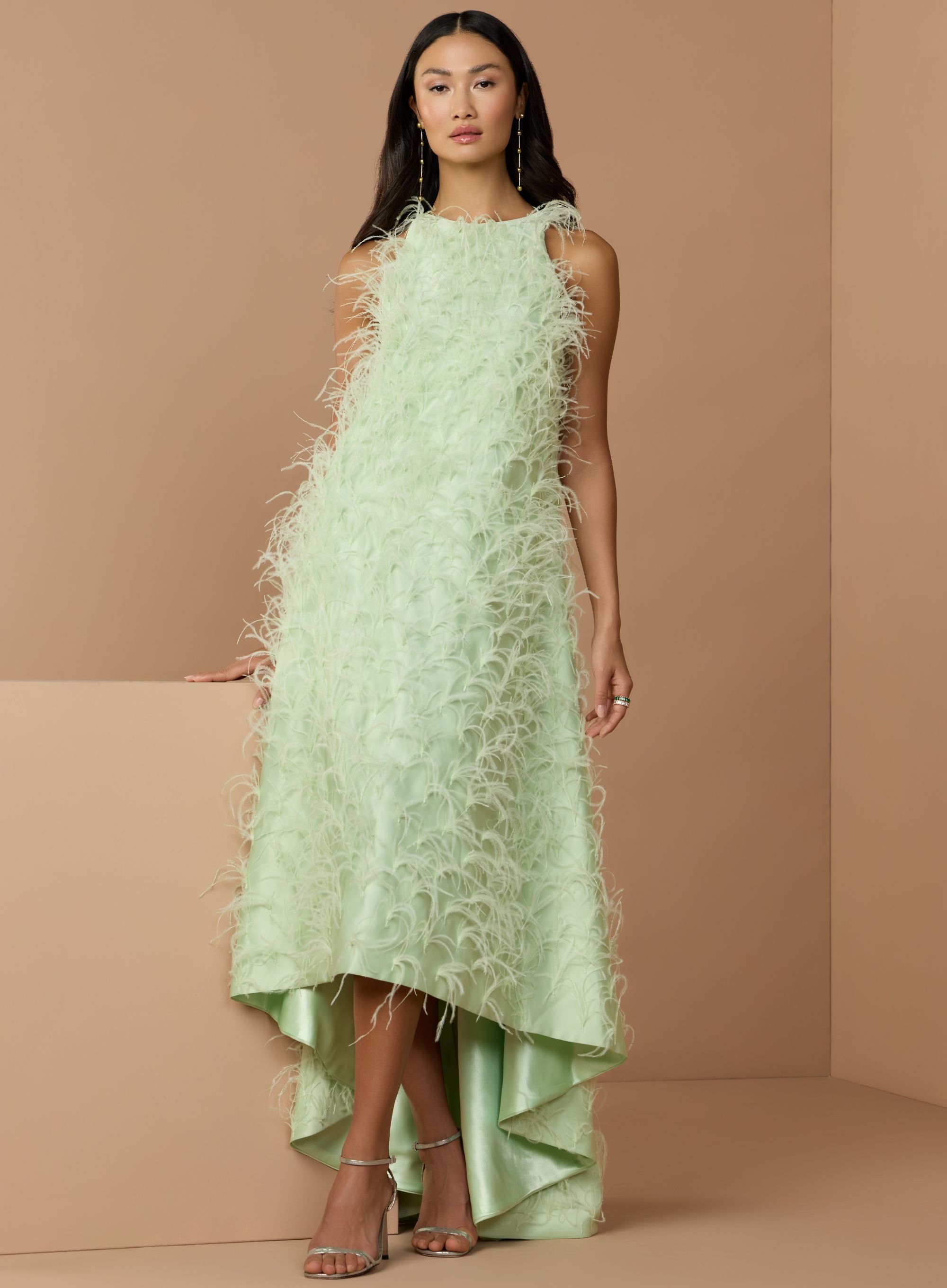 Green Sleeveless Feather Embellished High Low Gown
