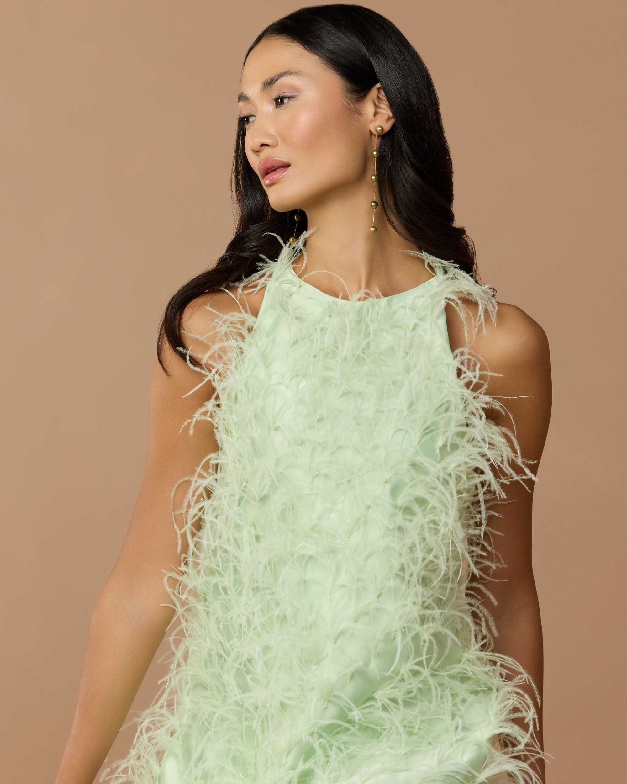 Green Sleeveless Feather Embellished Trapeze Gown