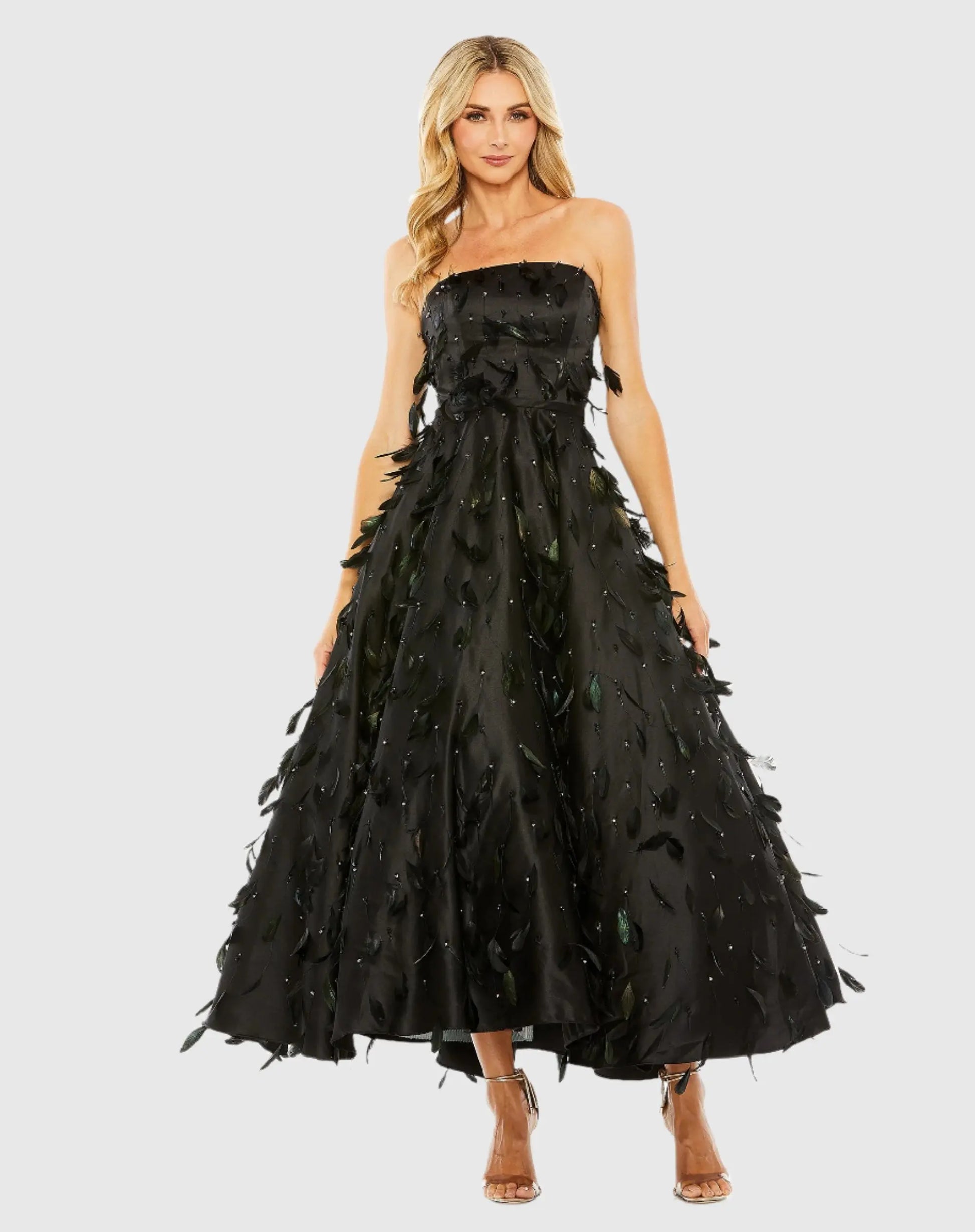 Black Strapless Feather Embellished Ball Gown - Mac Duggal