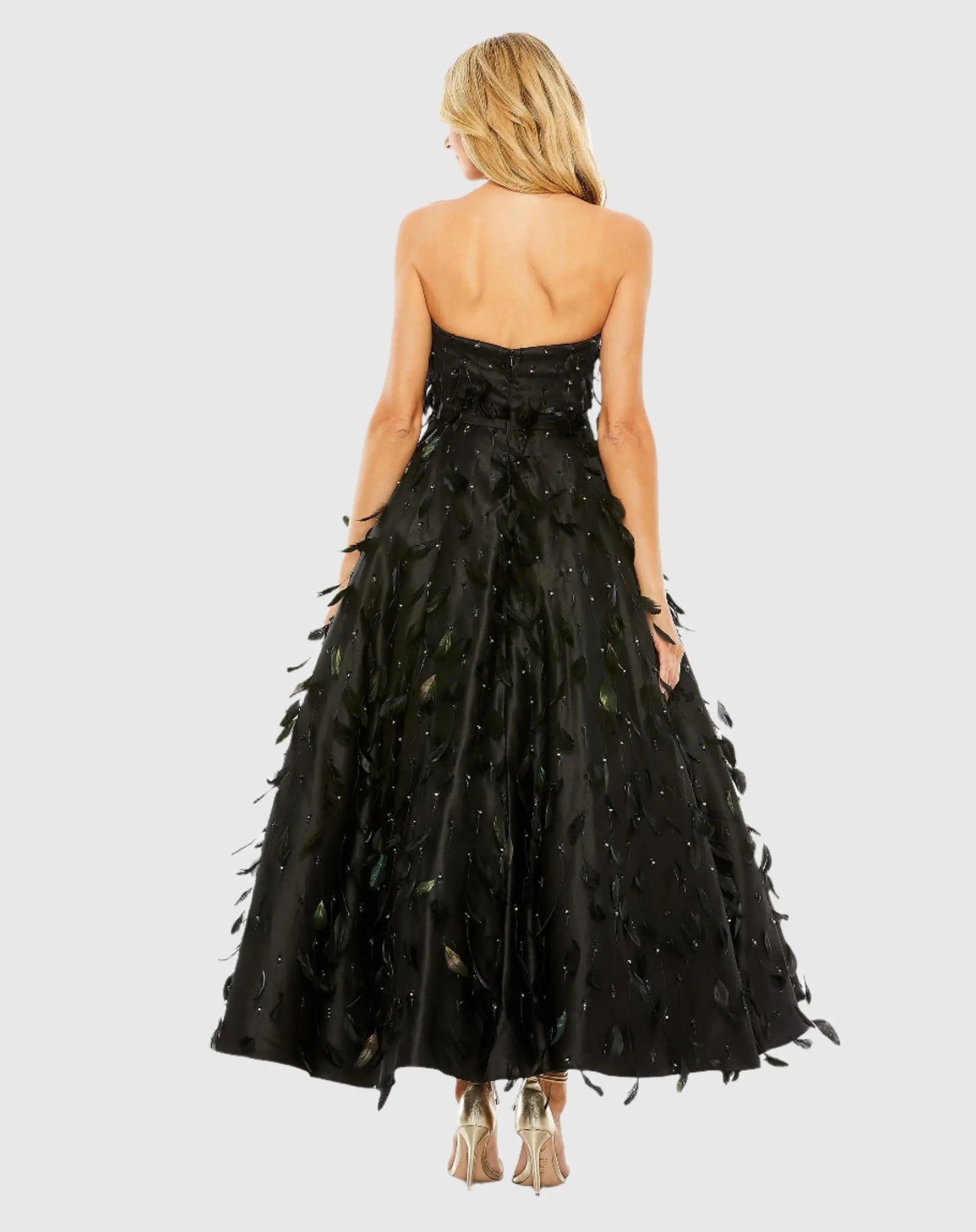 Black Strapless Feather Embellished Ball Gown - Mac Duggal