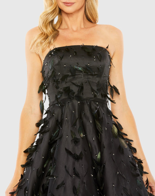 Strapless Feather Embellished Ball Gown