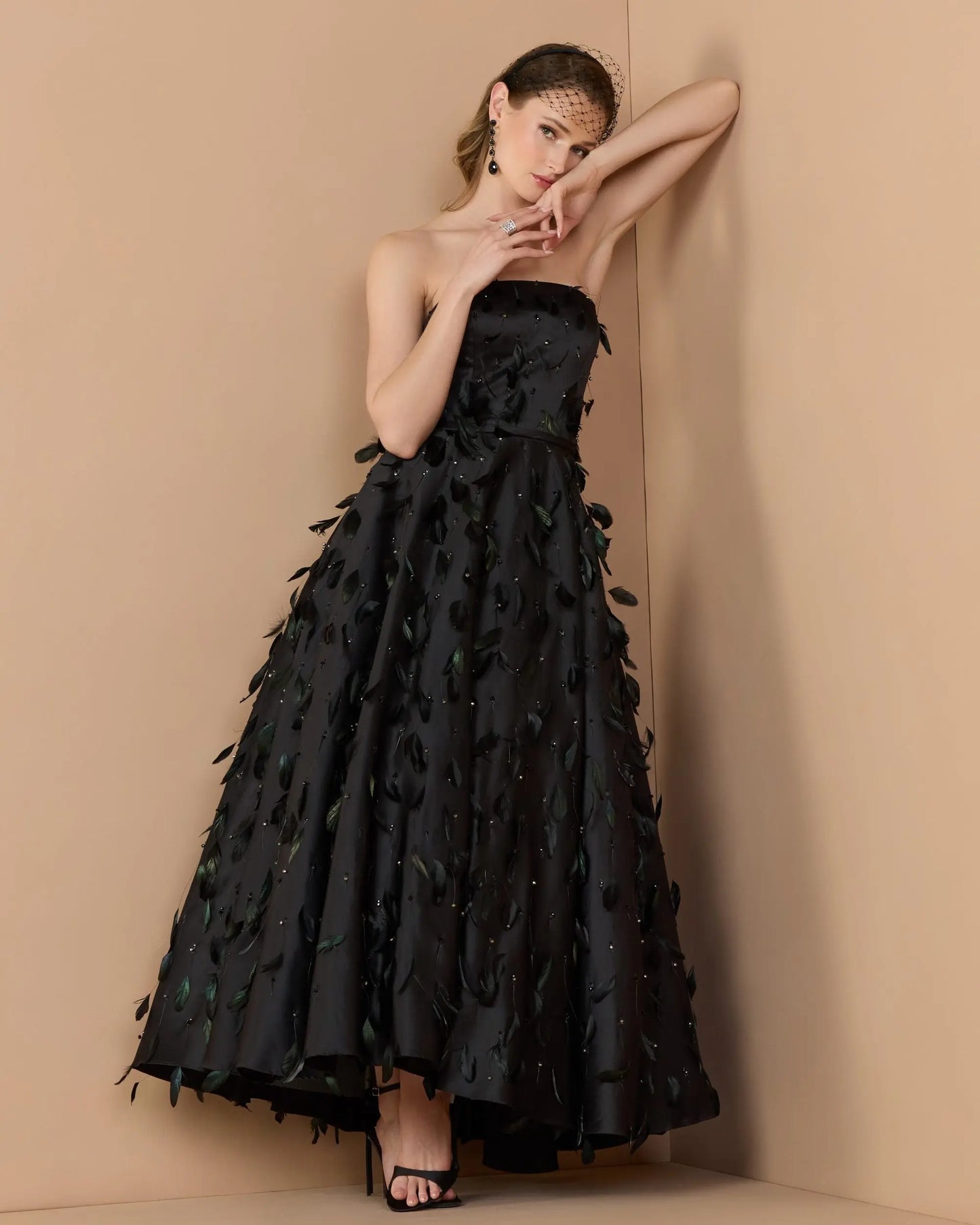 Black Strapless Feather Embellished Satin A-Line Dress - Mac Duggal