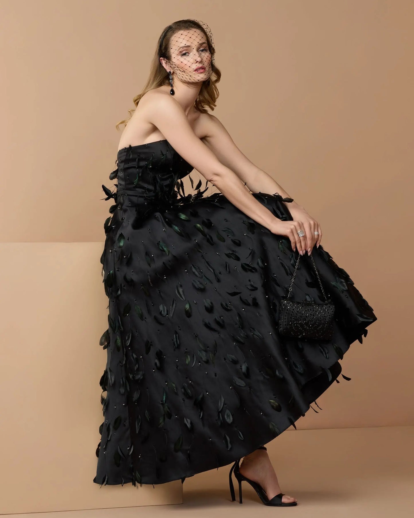 Black Strapless Feather Embellished Satin A-Line Dress - Mac Duggal