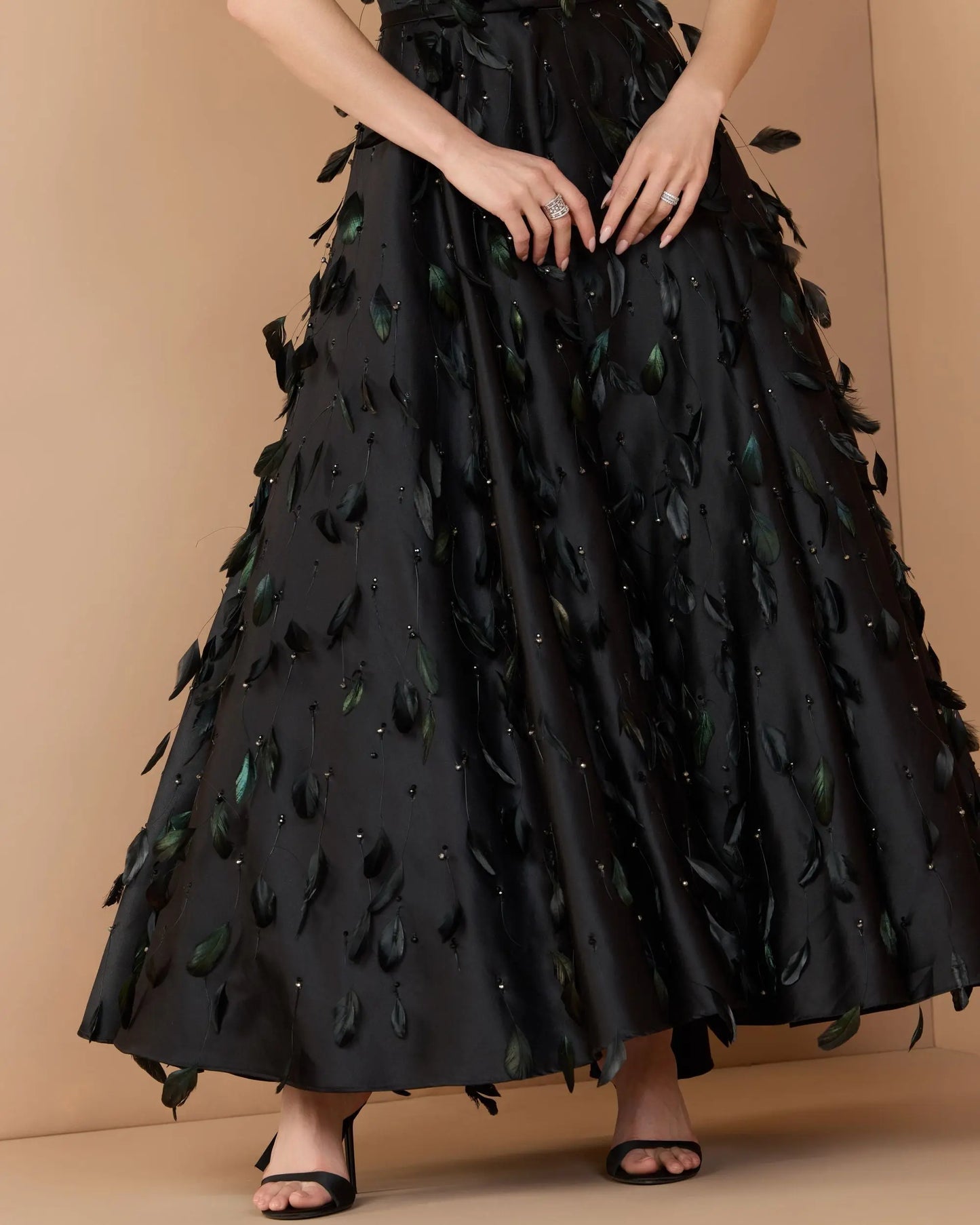 Black Strapless Feather Embellished Satin A-Line Dress - Mac Duggal
